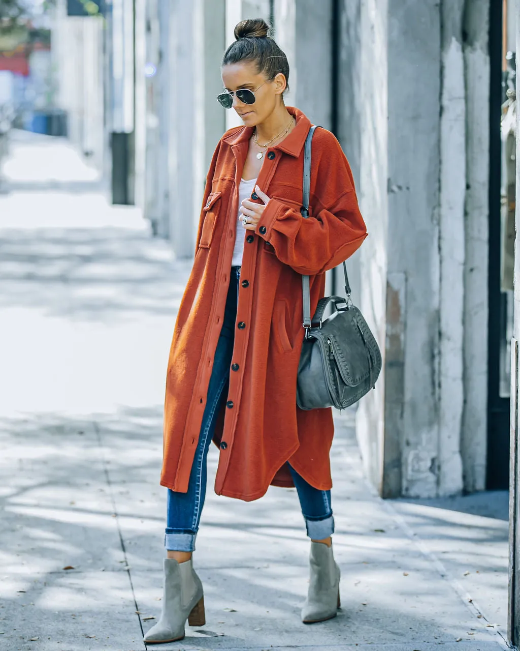 TastyHottie - Alayjah Pocketed Longline Fleece Shacket - Rust