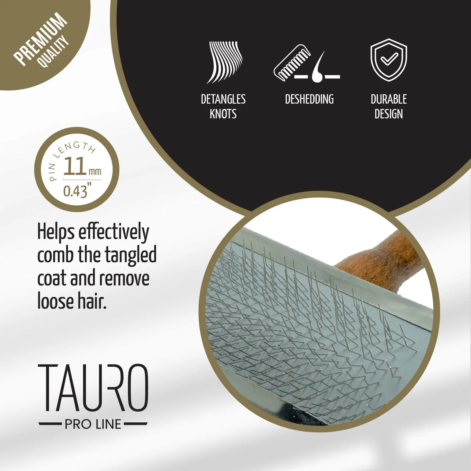 Tauro Pro Line Prestige Wooden Dog & Cat Brush With Metal Rim For All Coat Type Comfortable Brushing And Detangling, teeth 0.43 in