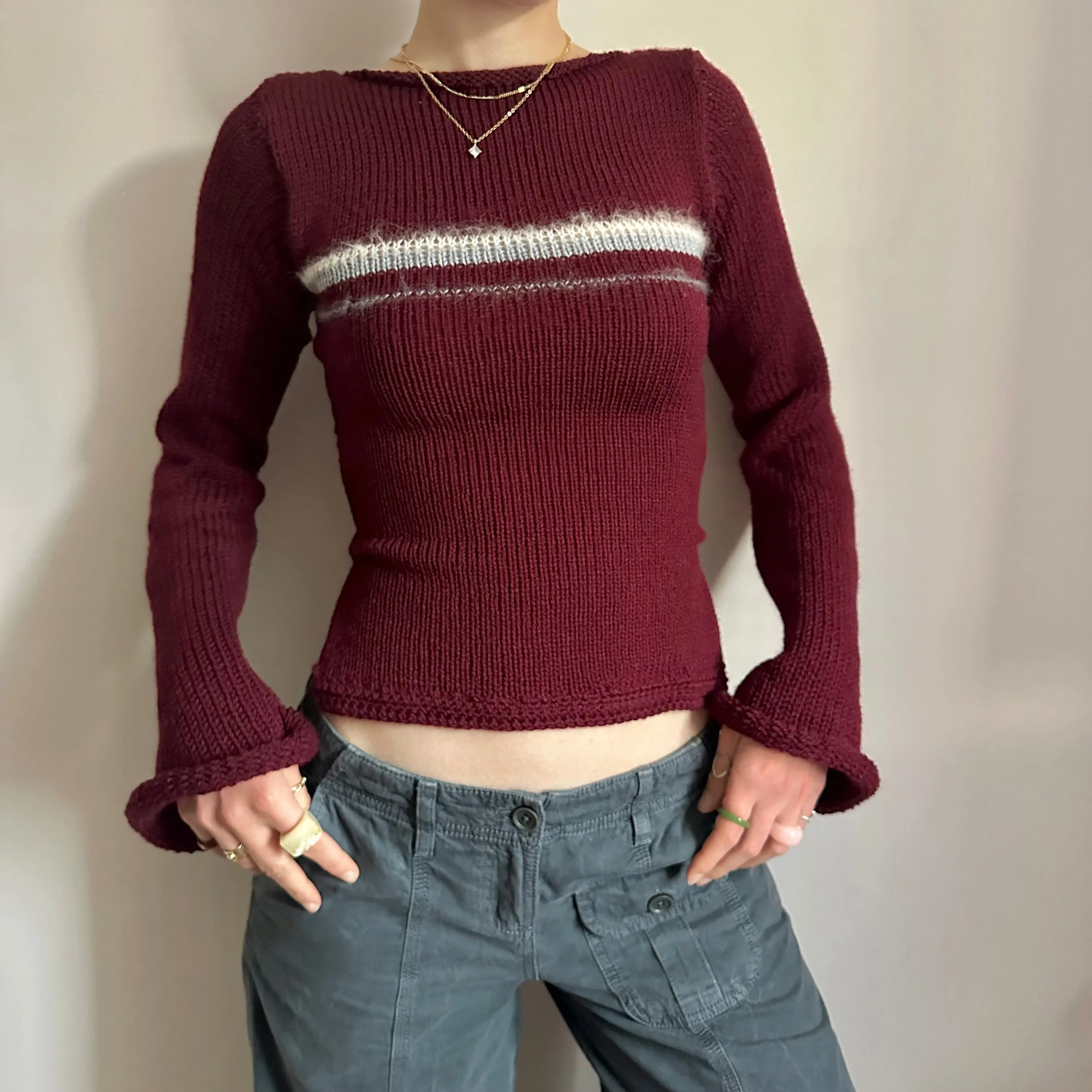 The Bordeaux Jumper - handmade burgundy, grey and cream bow tie up knit jumper