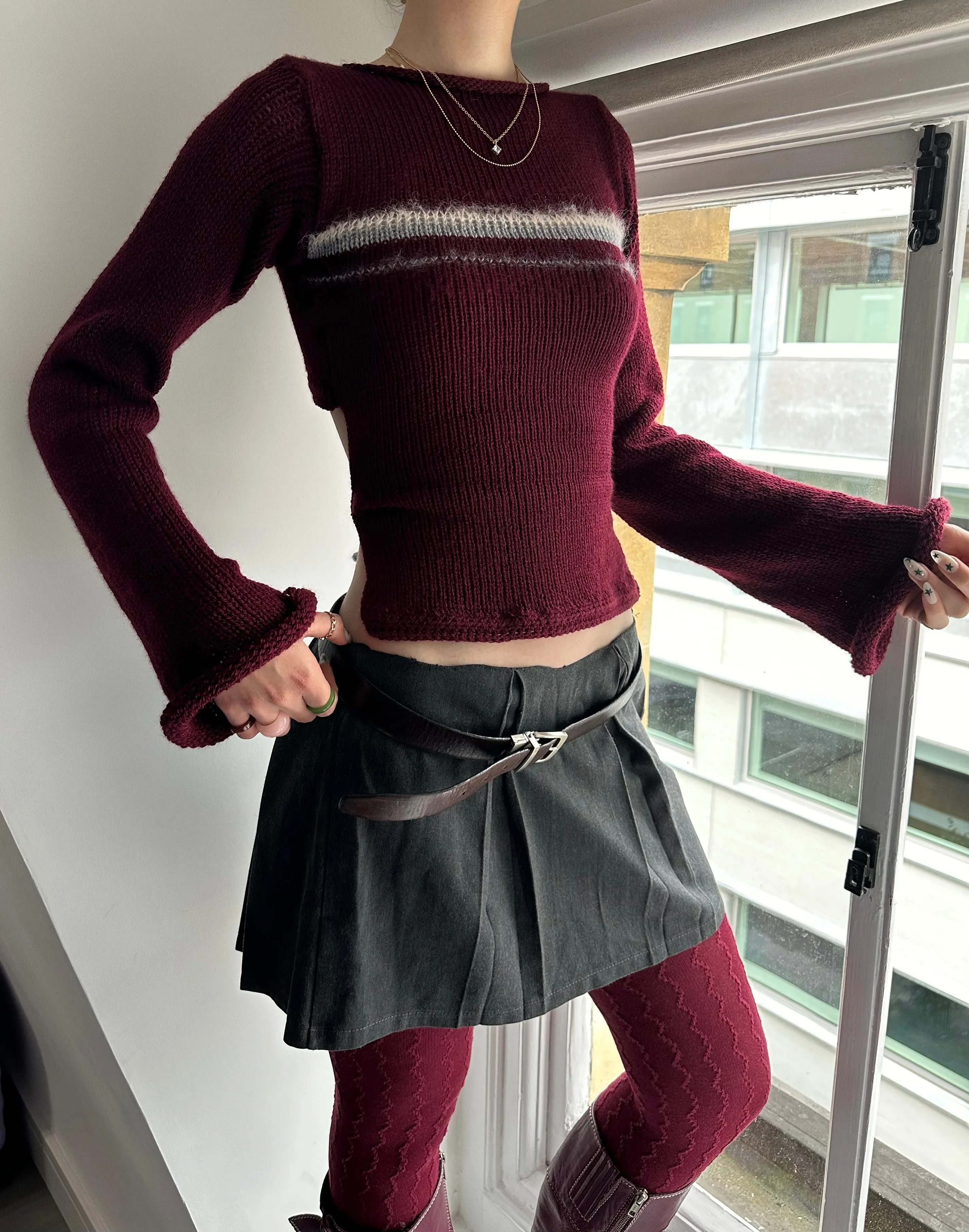 The Bordeaux Jumper - handmade burgundy, grey and cream bow tie up knit jumper