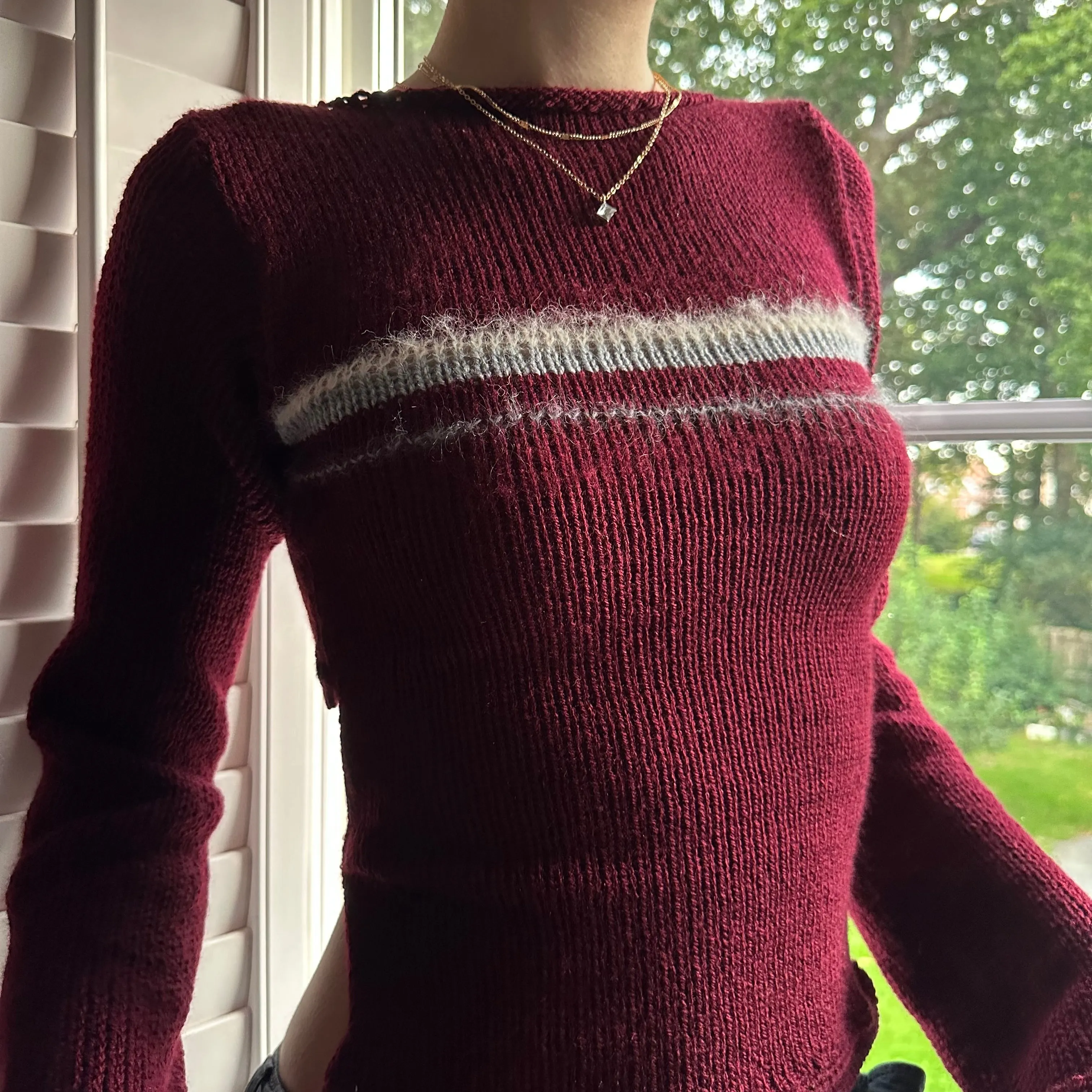 The Bordeaux Jumper - handmade burgundy, grey and cream bow tie up knit jumper