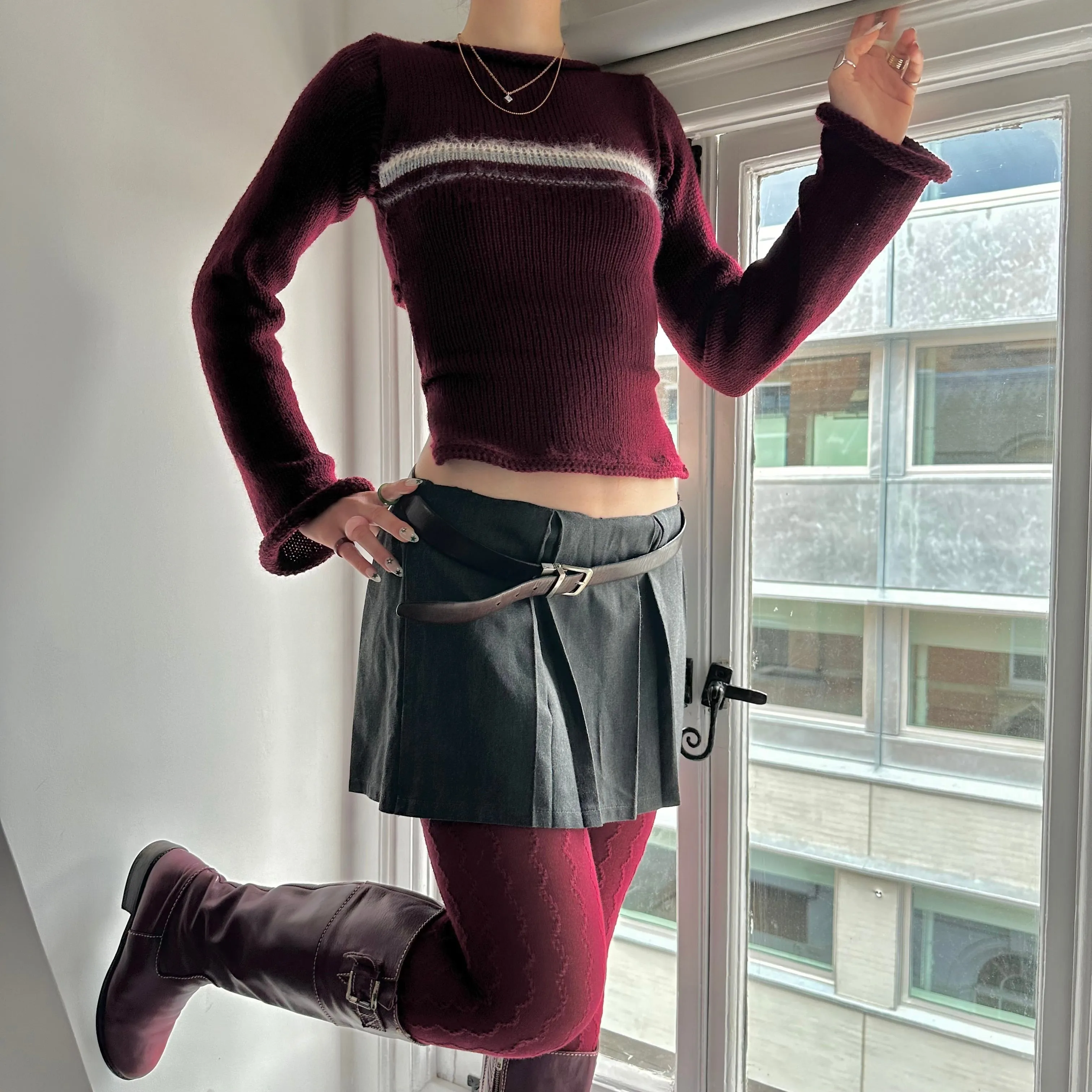 The Bordeaux Jumper - handmade burgundy, grey and cream bow tie up knit jumper