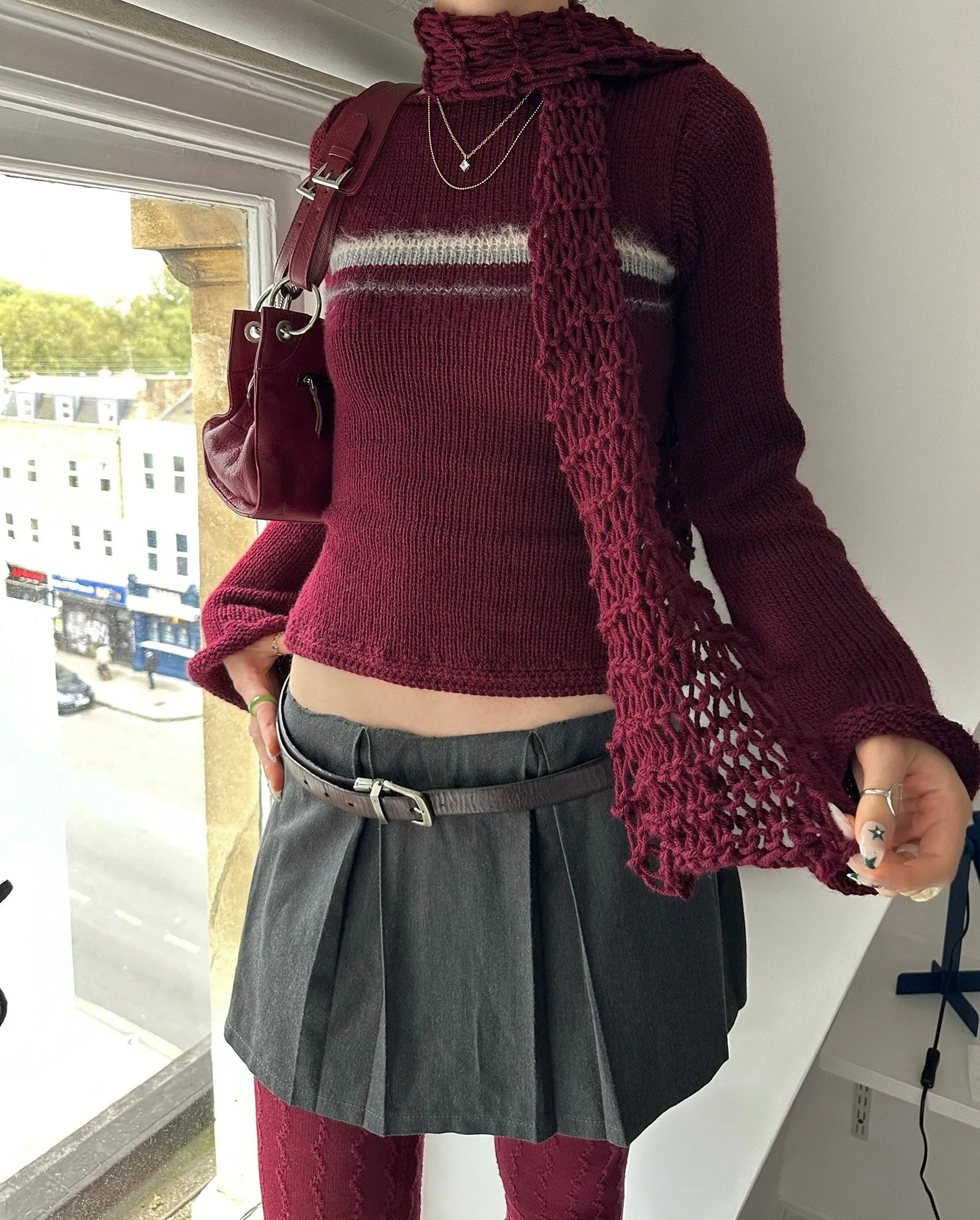 The Bordeaux Jumper - handmade burgundy, grey and cream bow tie up knit jumper