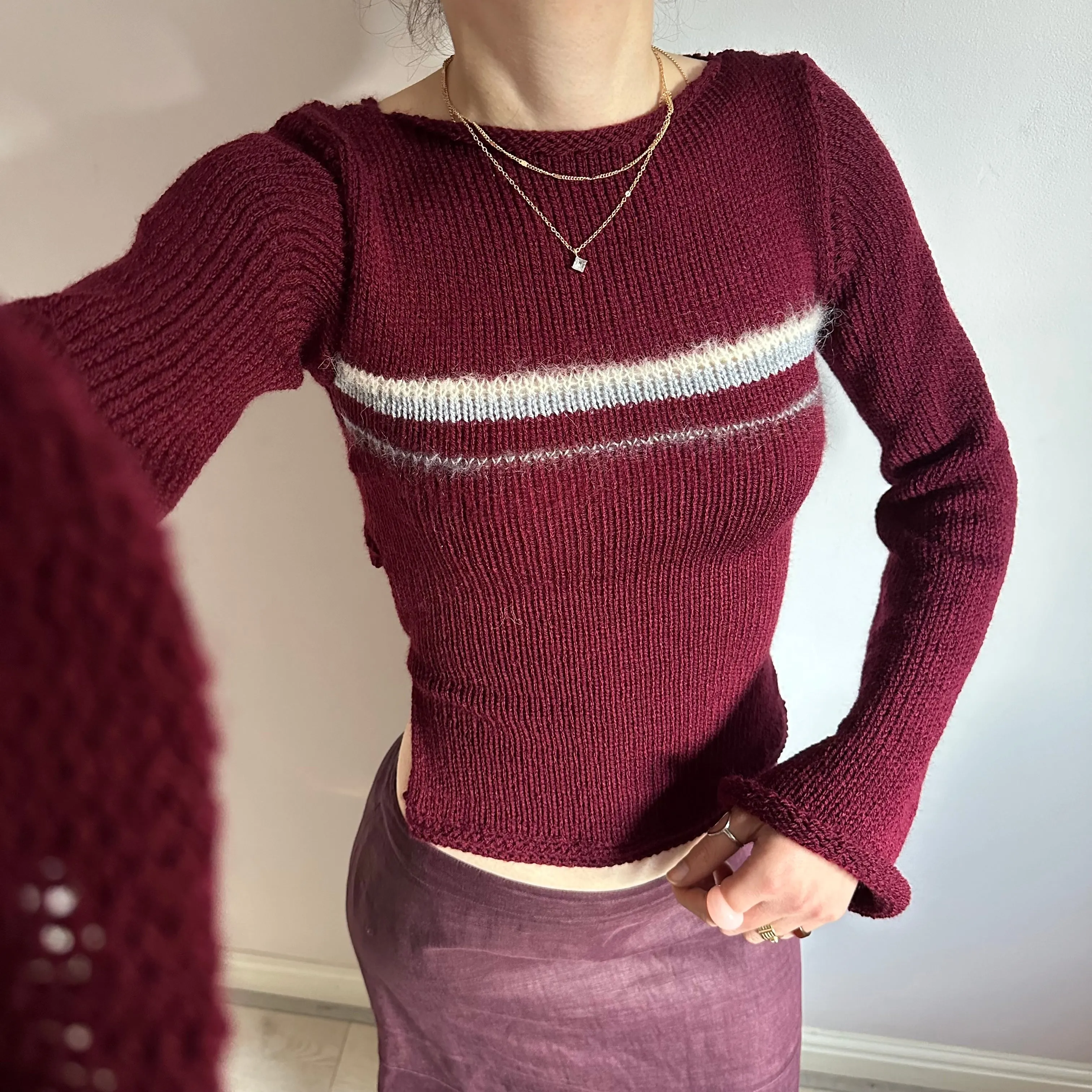 The Bordeaux Jumper - handmade burgundy, grey and cream bow tie up knit jumper