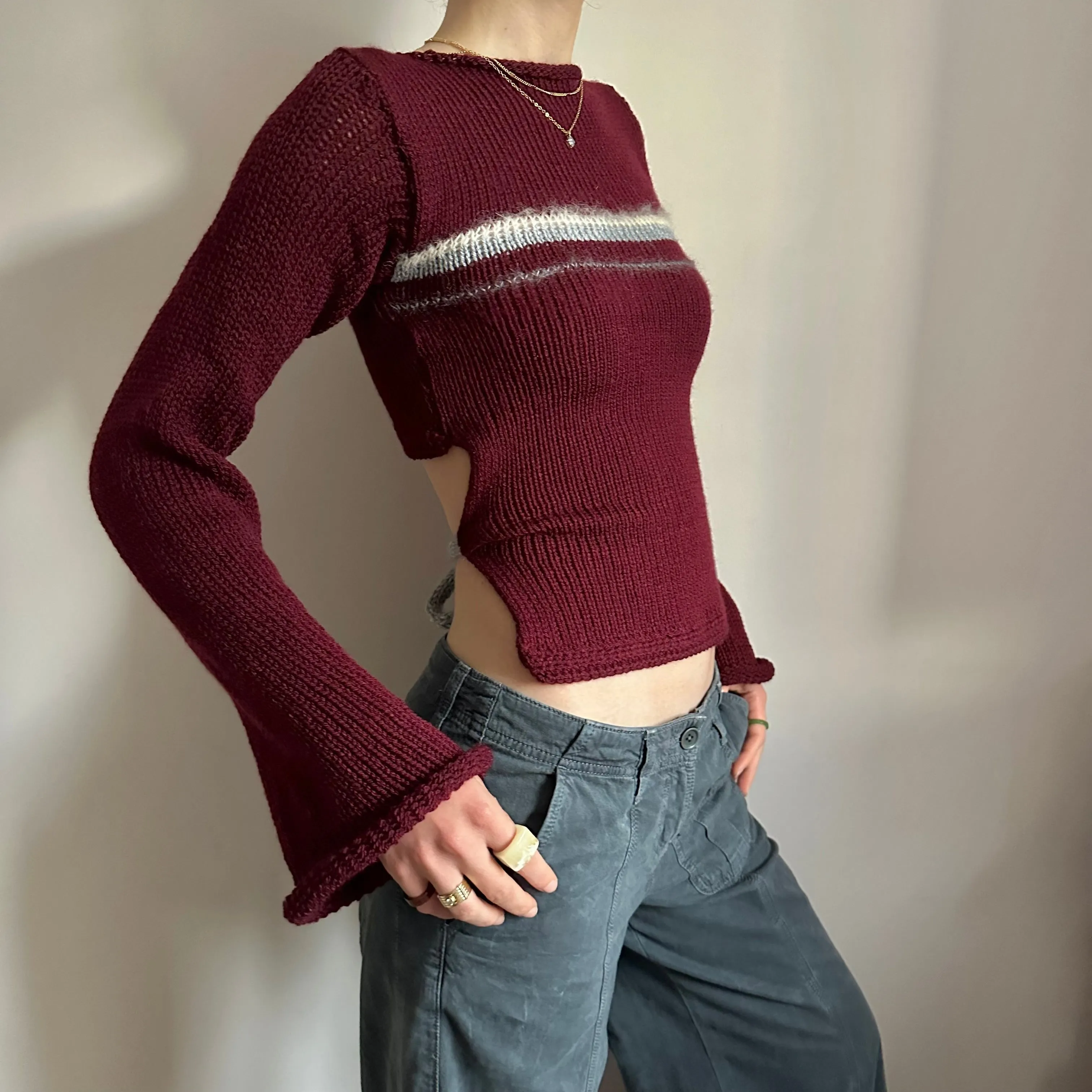 The Bordeaux Jumper - handmade burgundy, grey and cream bow tie up knit jumper