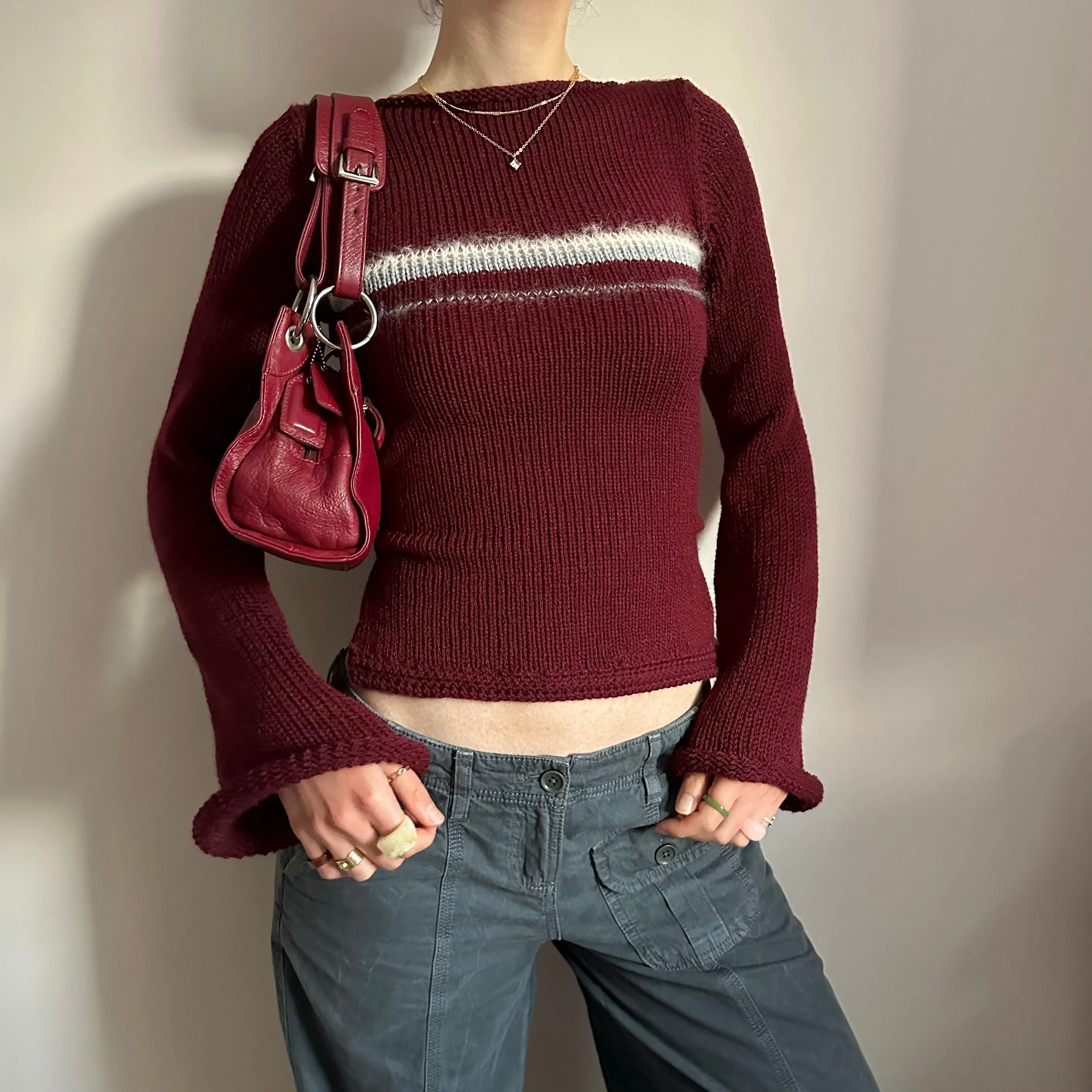 The Bordeaux Jumper - handmade burgundy, grey and cream bow tie up knit jumper