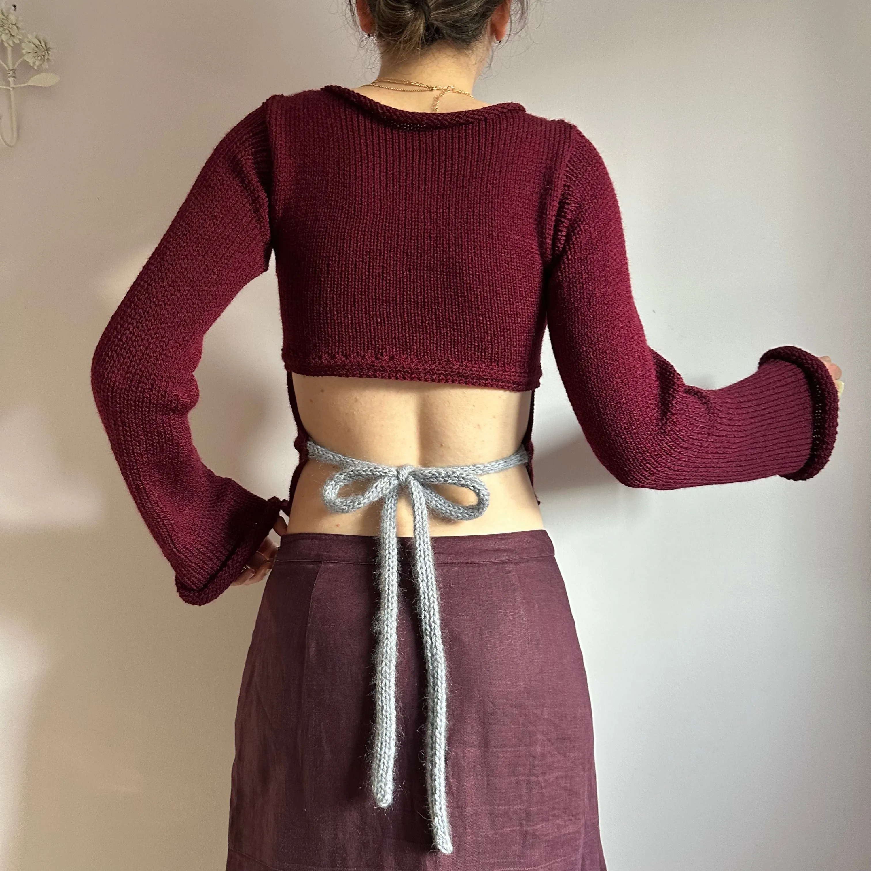 The Bordeaux Jumper - handmade burgundy, grey and cream bow tie up knit jumper