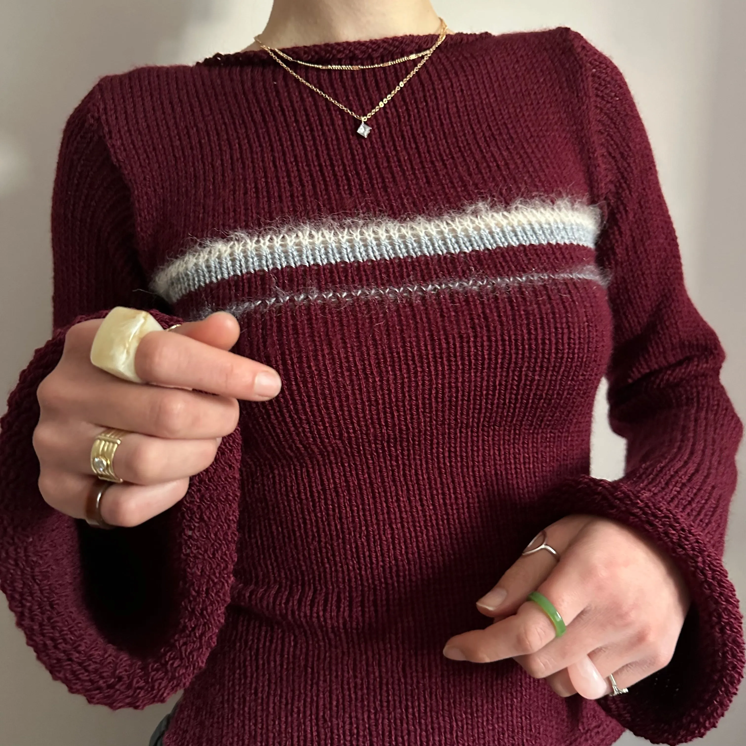 The Bordeaux Jumper - handmade burgundy, grey and cream bow tie up knit jumper