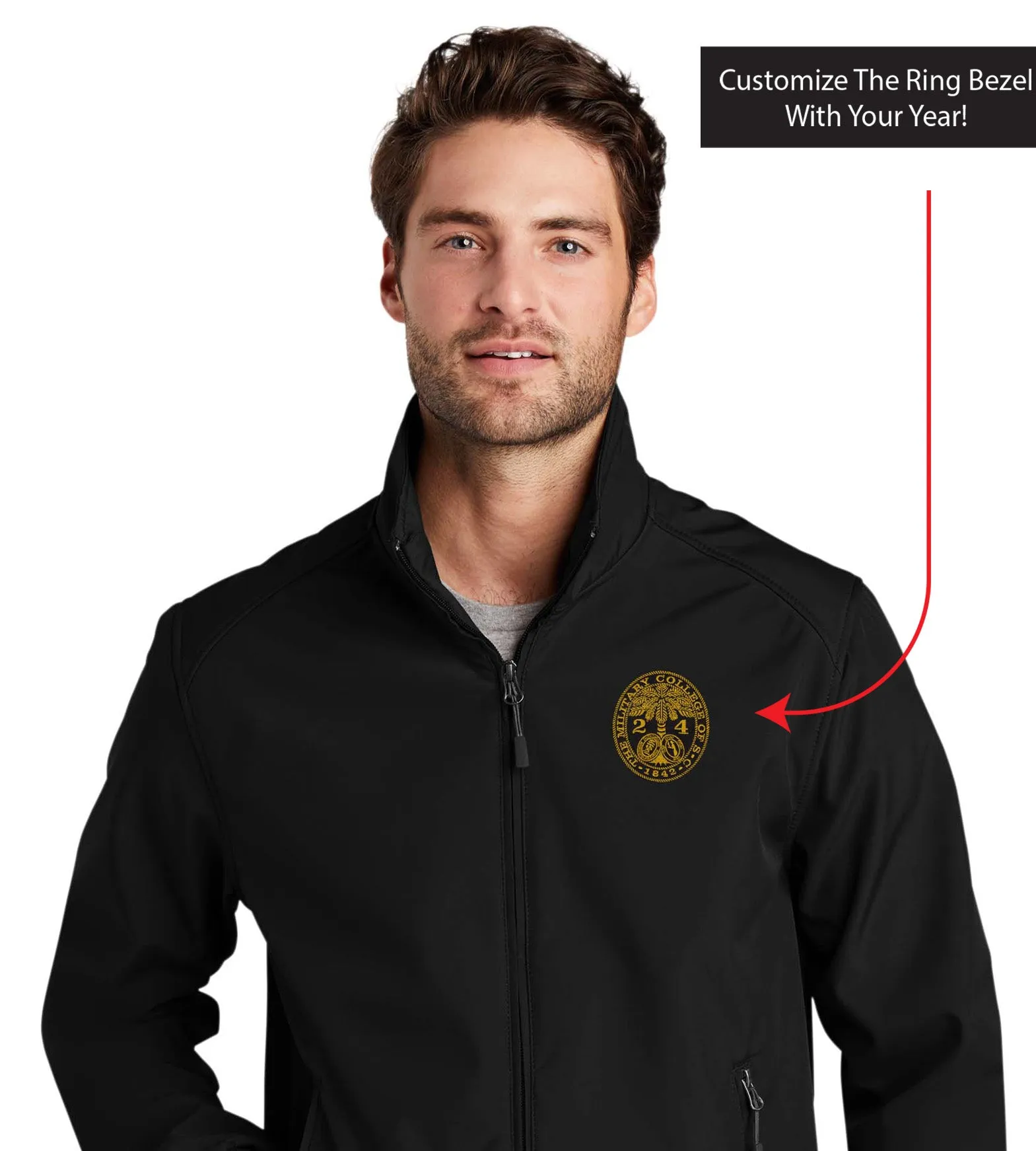 The Citadel, Customizable (Your Year) Embroidered Ring Bezel Design, Soft Shell Bomber Jacket