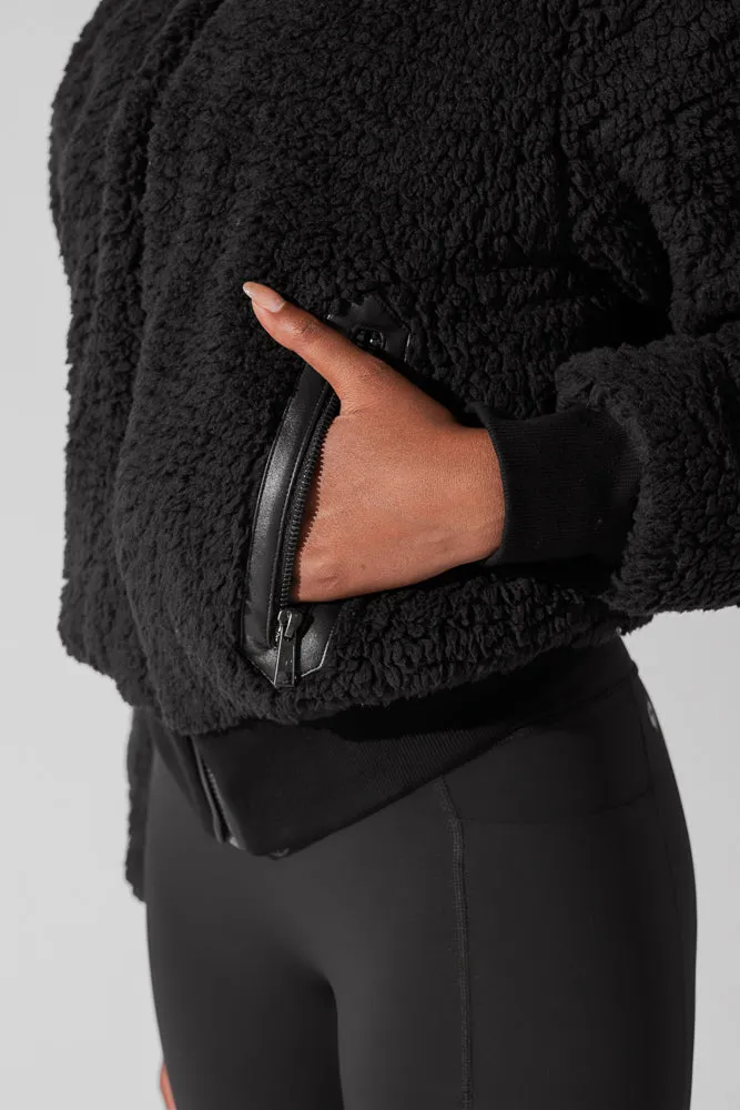 The Kinsley Bomber Jacket in Faux Sherpa - Black