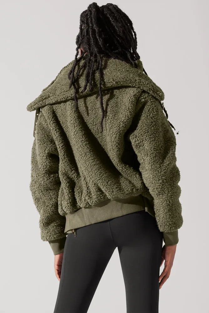 The Kinsley Bomber Jacket in Faux Sherpa - Olive