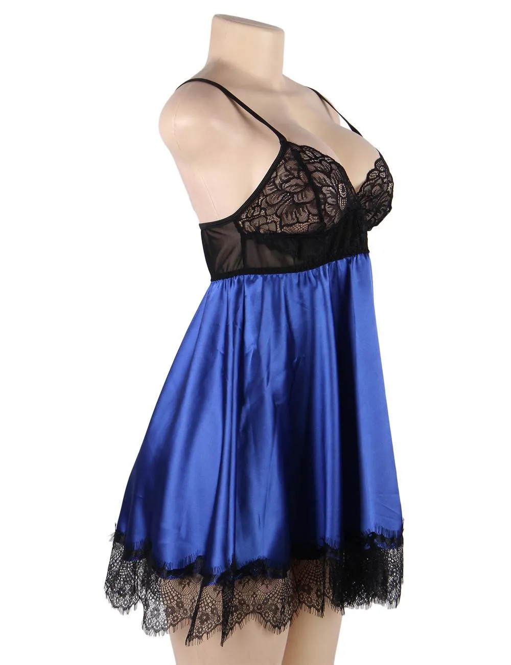 The R809 Eyelash Plus Size Satin Feel Babydoll with Lace Blindfold