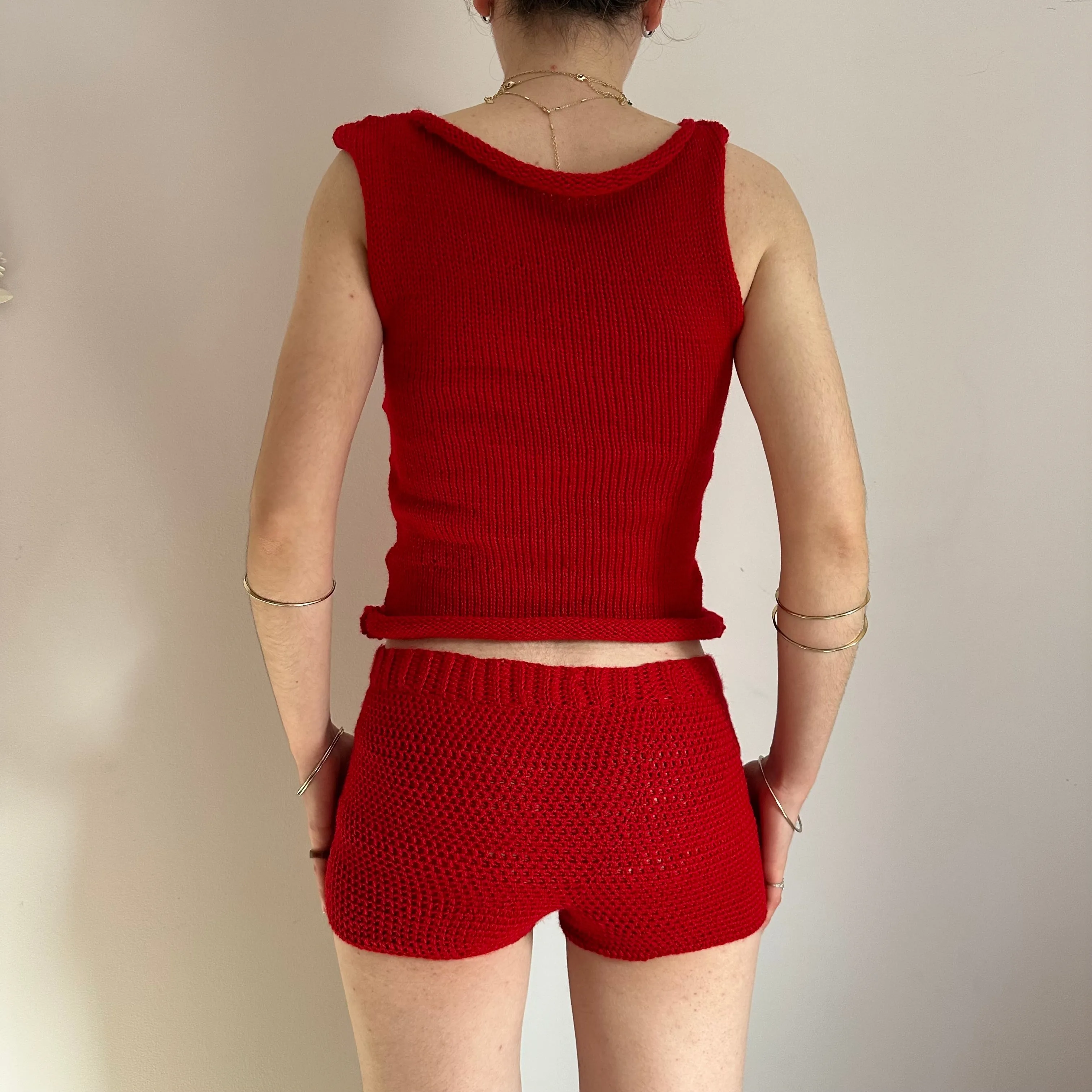 The Red Set - matching crochet shorts and asymmetrical knit vest