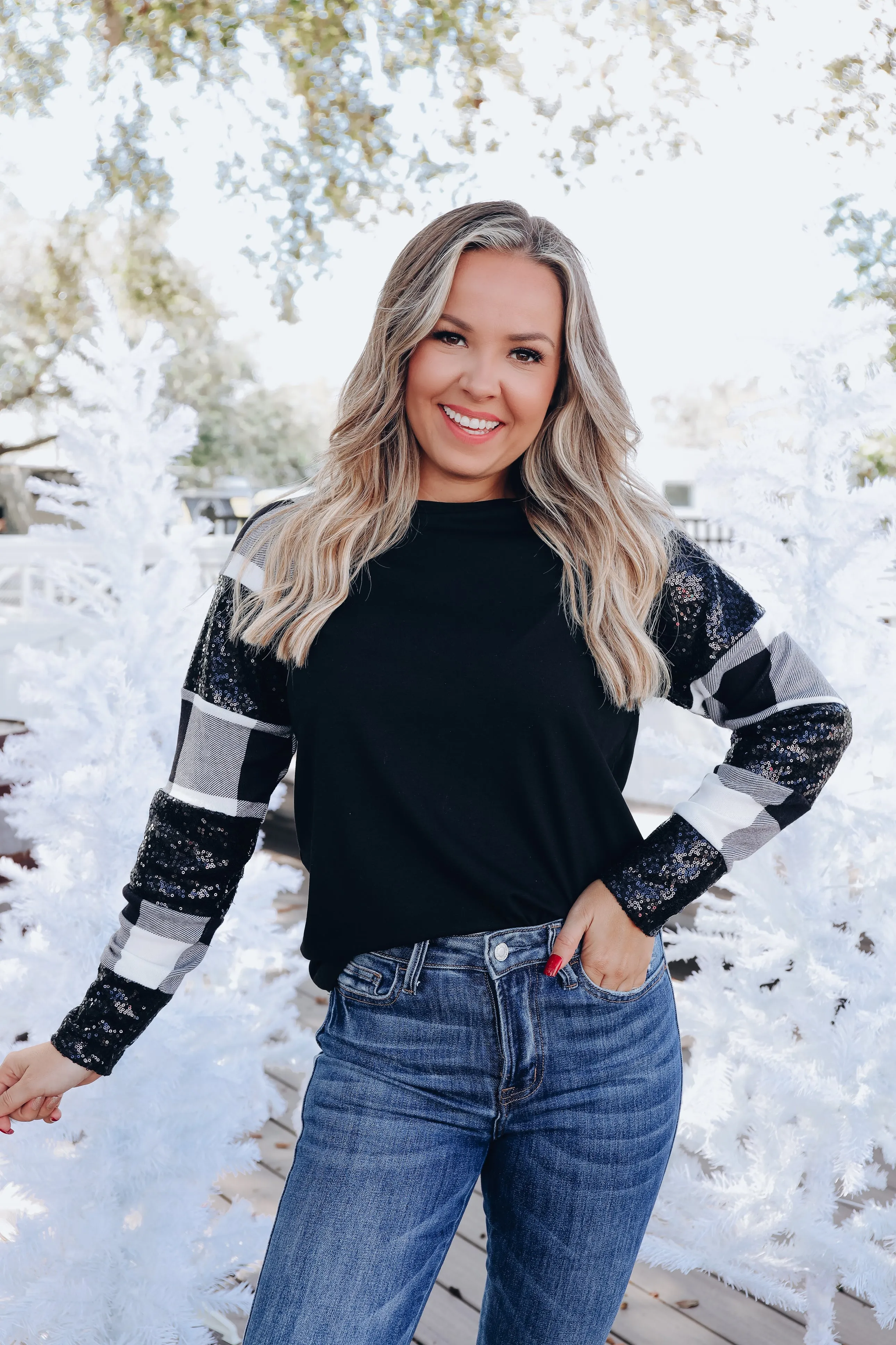 'Tis The Season Sequin Sleeve Top - Black Plaid