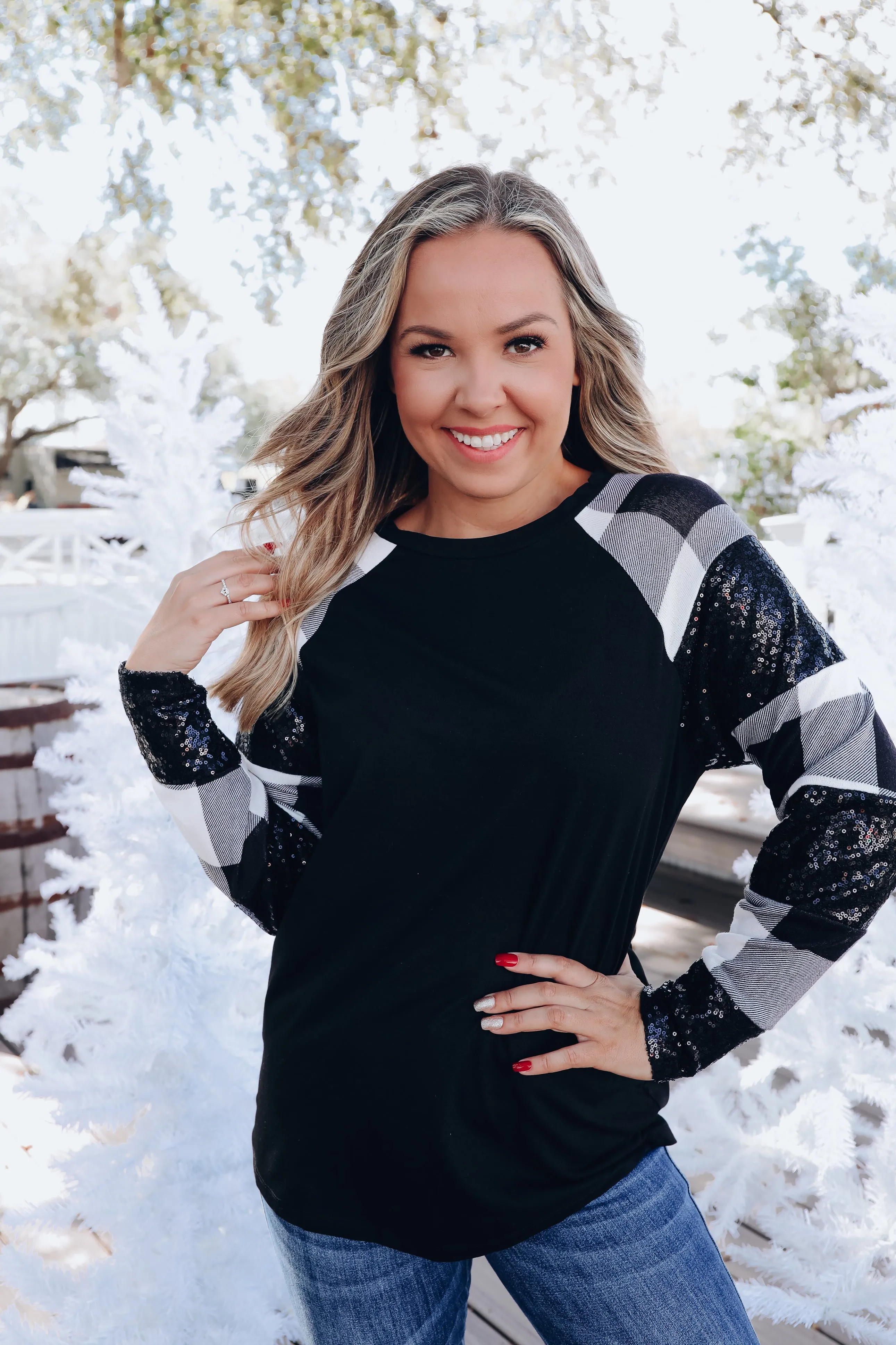 'Tis The Season Sequin Sleeve Top - Black Plaid