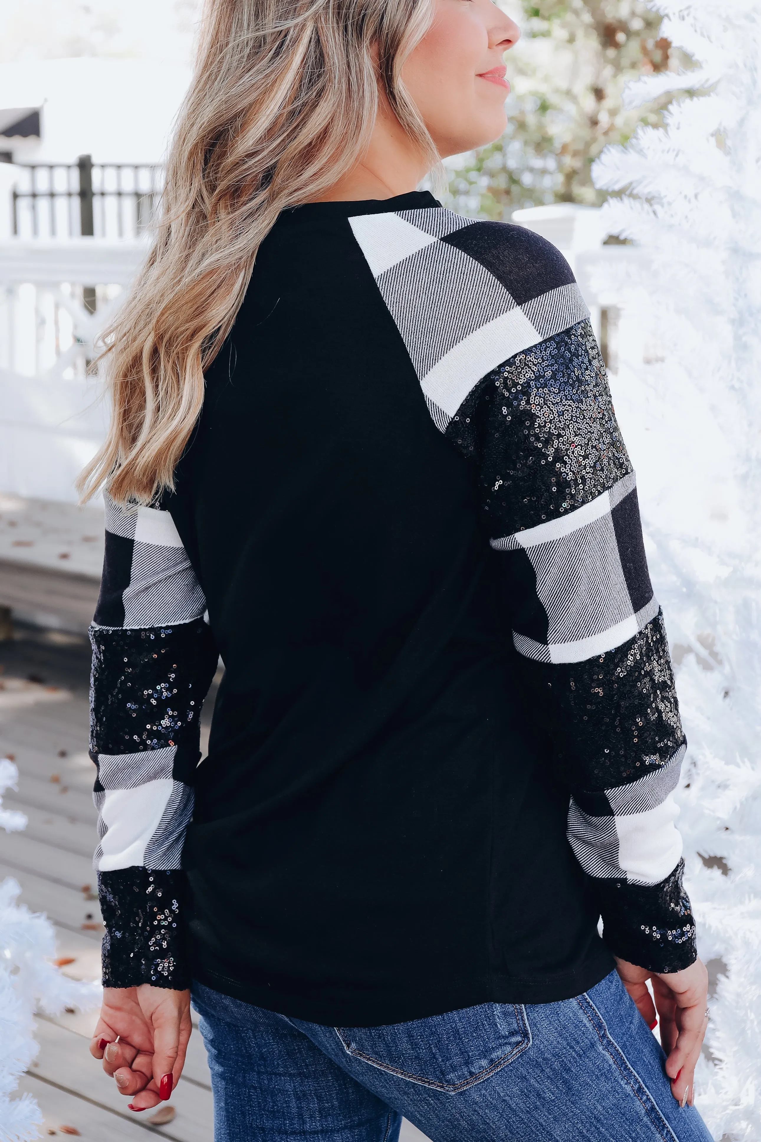 'Tis The Season Sequin Sleeve Top - Black Plaid