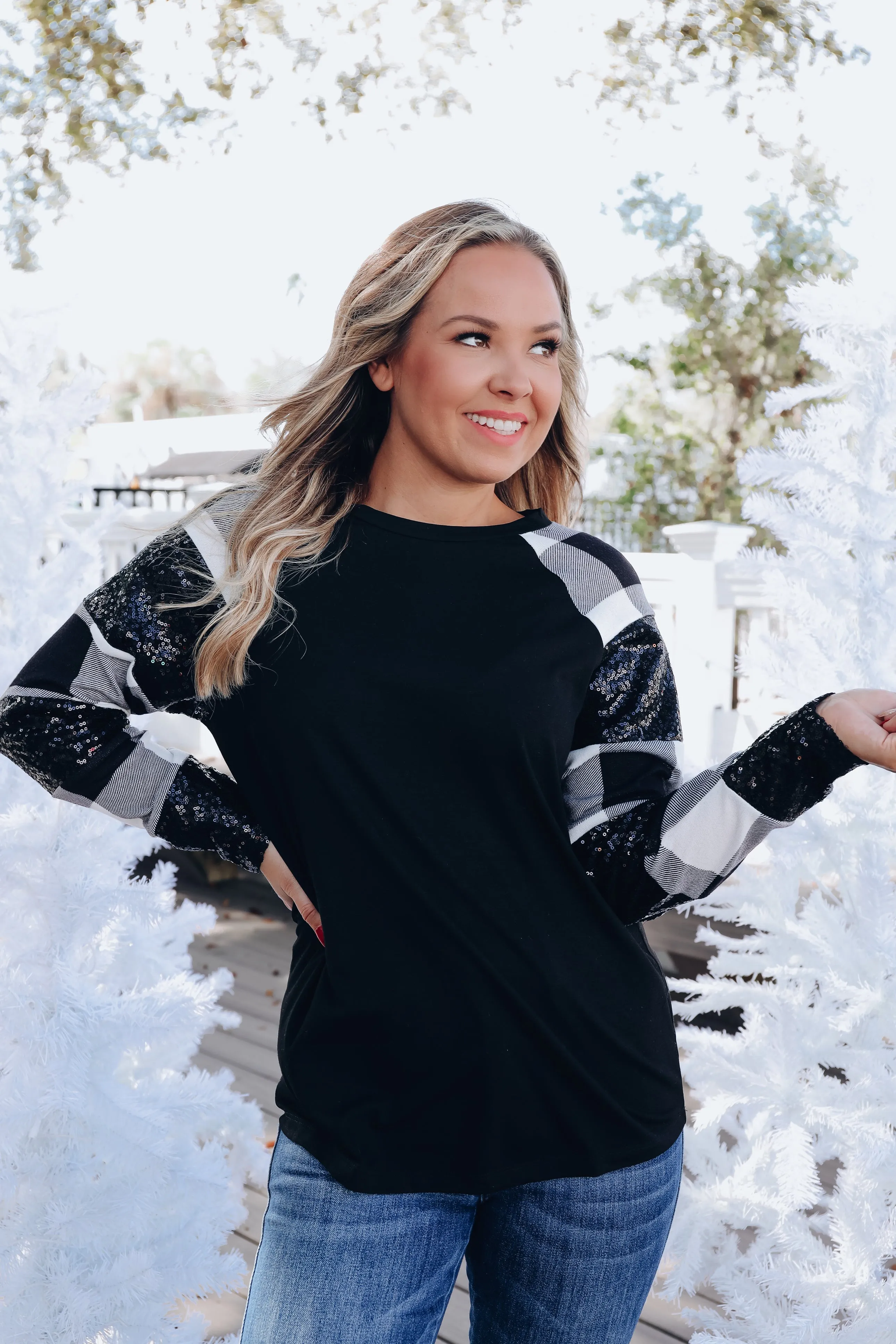 'Tis The Season Sequin Sleeve Top - Black Plaid