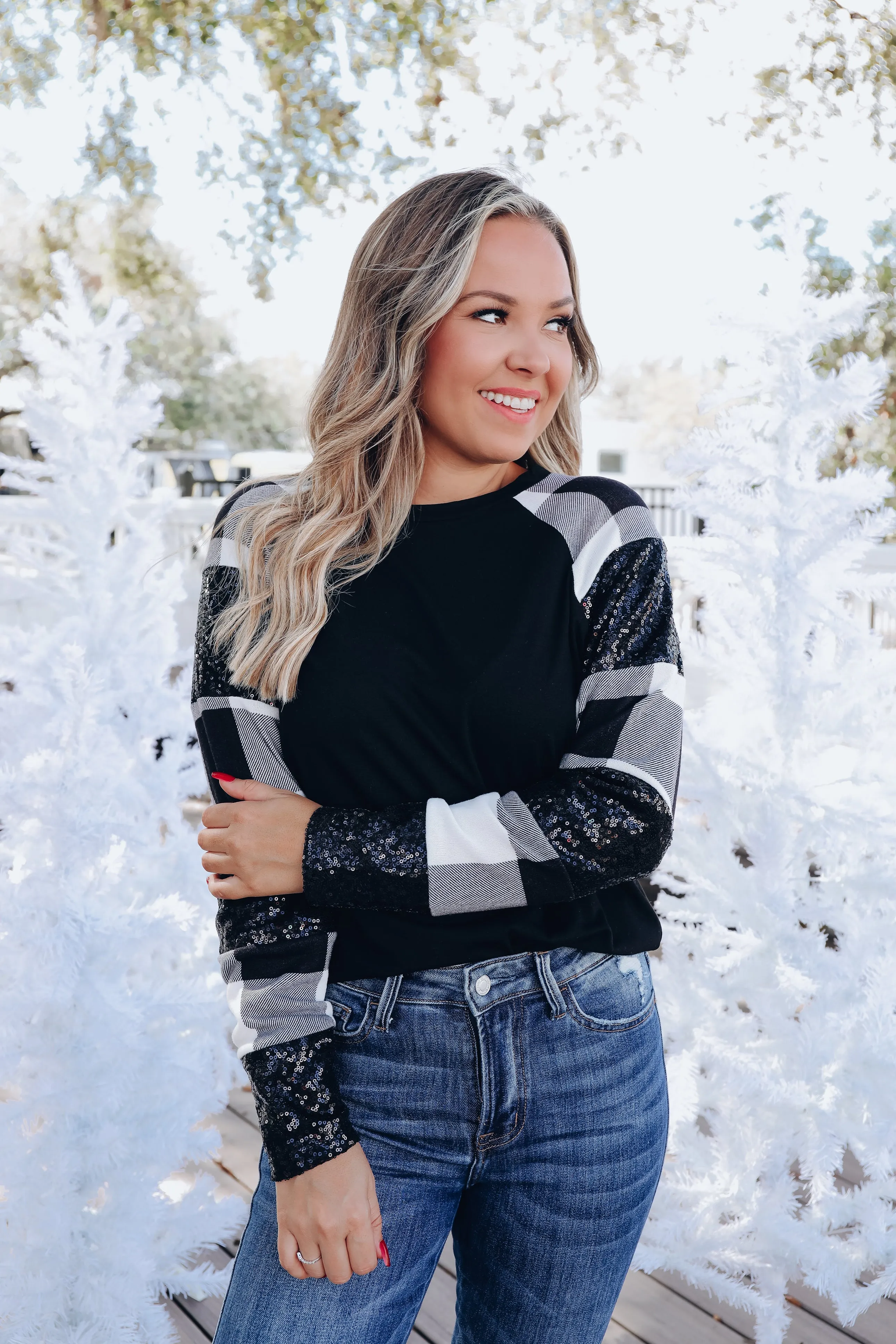 'Tis The Season Sequin Sleeve Top - Black Plaid