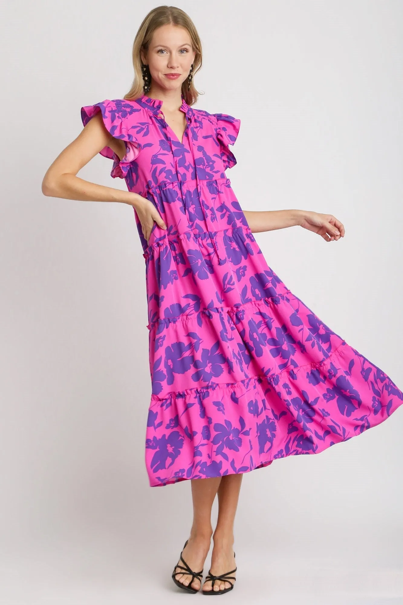 Umgee Split Neck Graphic Floral Print Tiered Maxi Dress in Magenta Mix