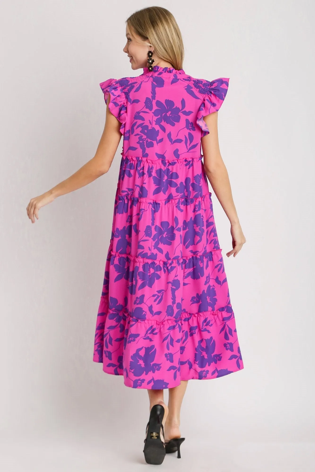 Umgee Split Neck Graphic Floral Print Tiered Maxi Dress in Magenta Mix