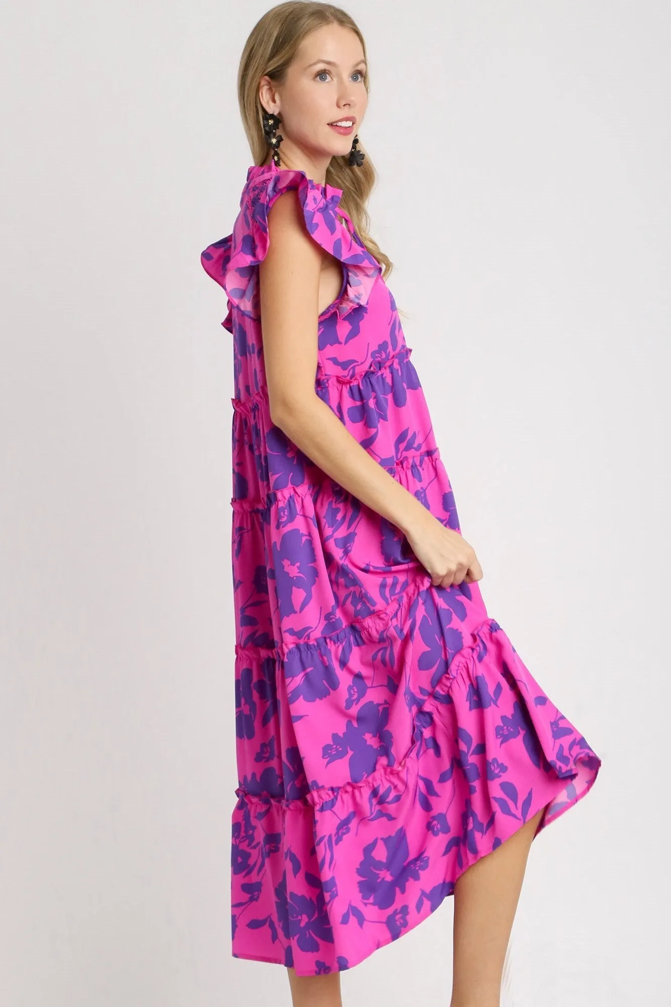 Umgee Split Neck Graphic Floral Print Tiered Maxi Dress in Magenta Mix