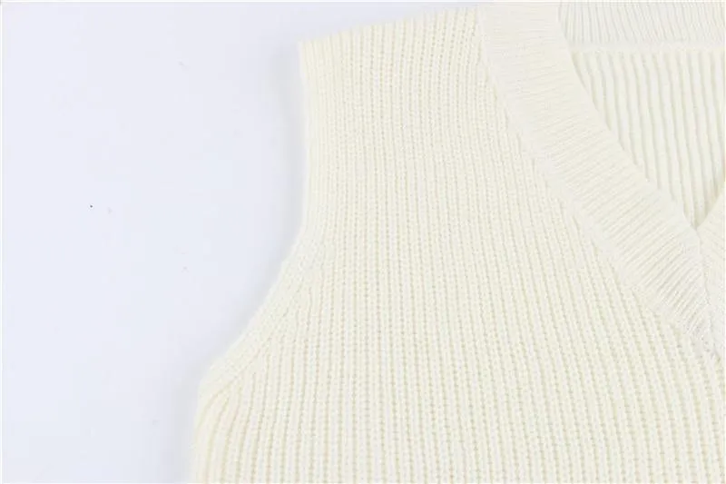 V Neck Sleeveless Sweater Vest Knitted Jumper Autumn Winter Split White Pullover Loose Over size Top