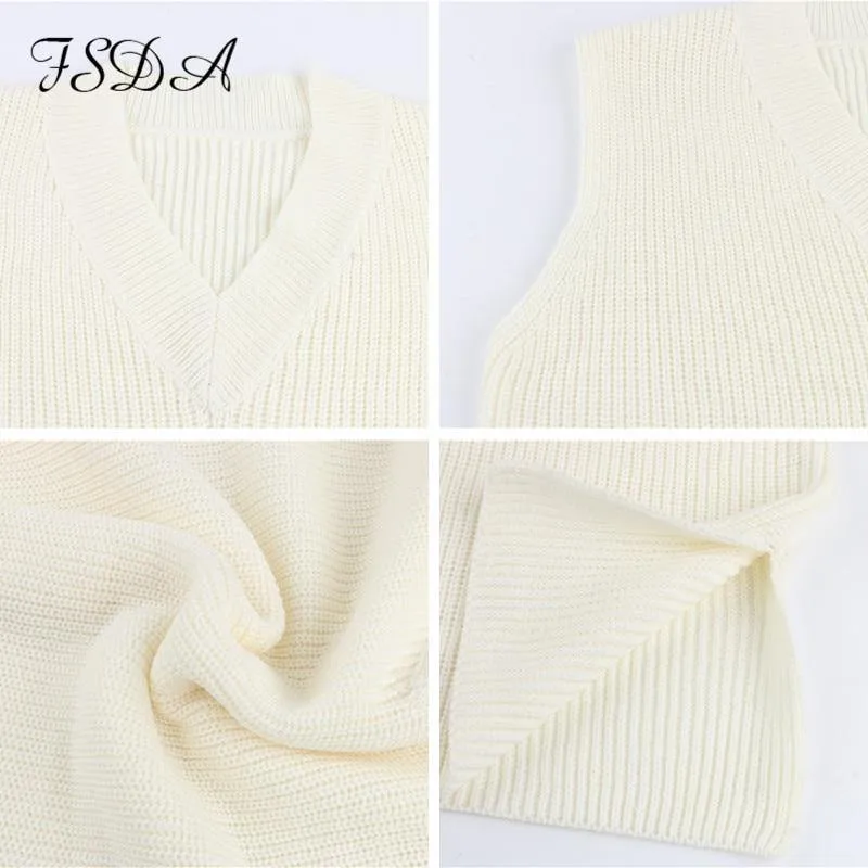 V Neck Sleeveless Sweater Vest Knitted Jumper Autumn Winter Split White Pullover Loose Over size Top