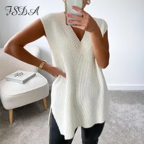 V Neck Sleeveless Sweater Vest Knitted Jumper Autumn Winter Split White Pullover Loose Over size Top