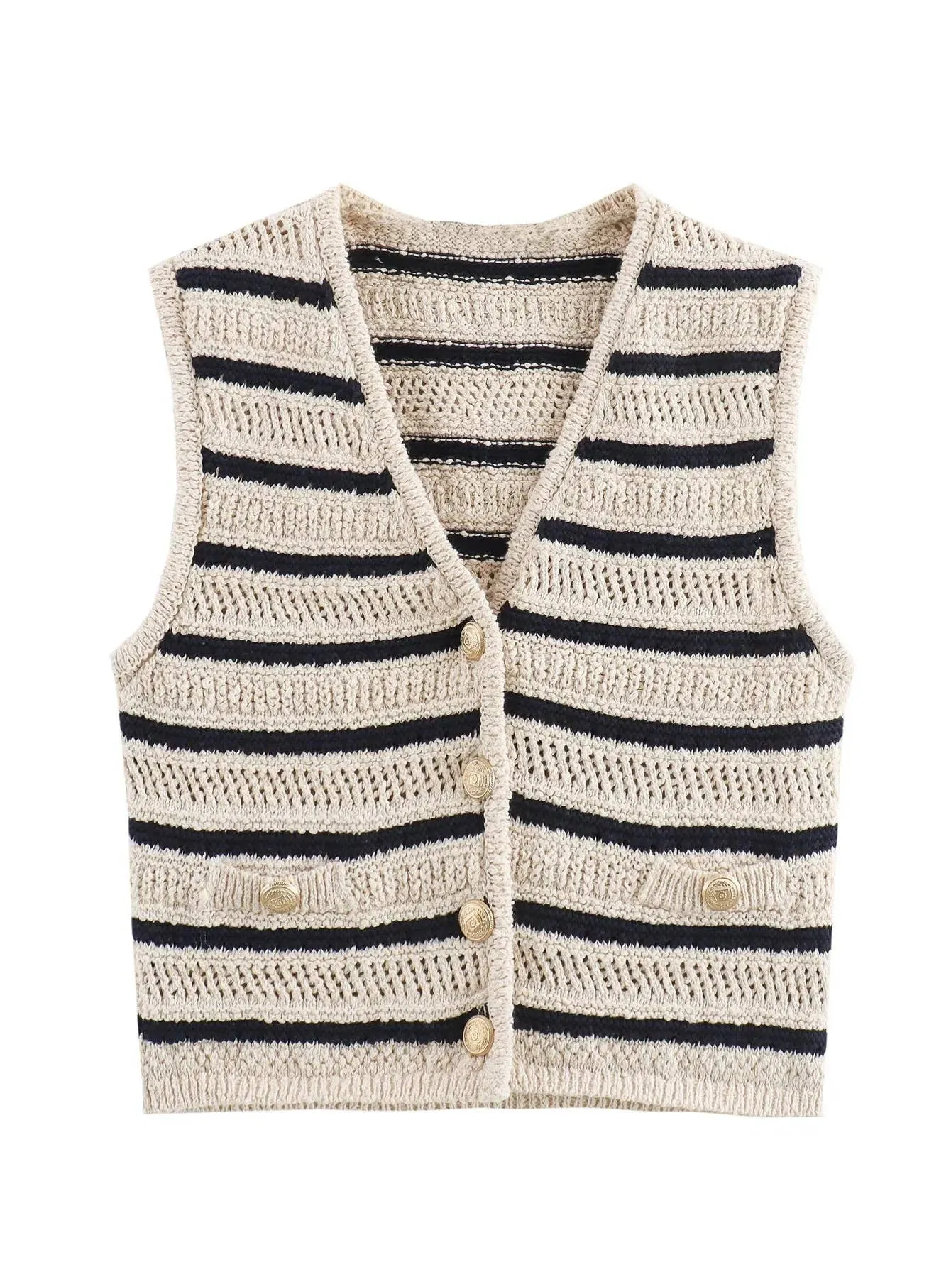 V-neck striped knitted Cardigan vest