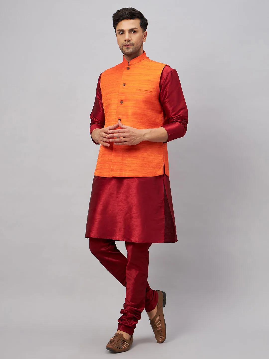 VASTRAMAY Men's Orange Silk Nehru Jacket Kurta