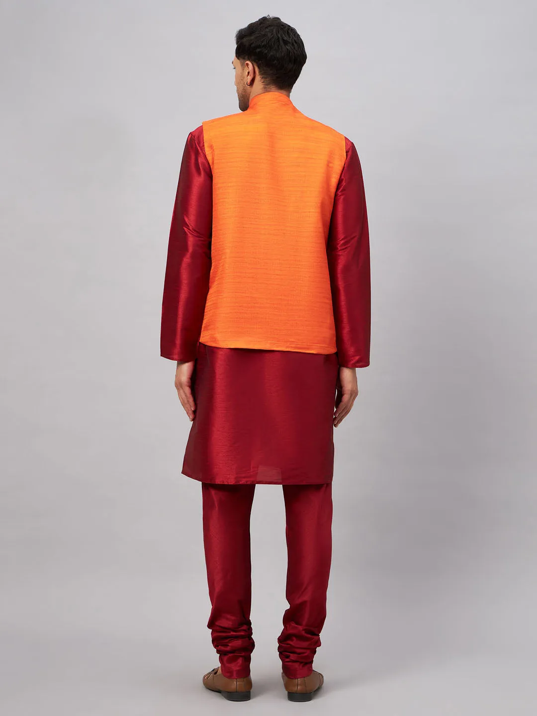 VASTRAMAY Men's Orange Silk Nehru Jacket Kurta