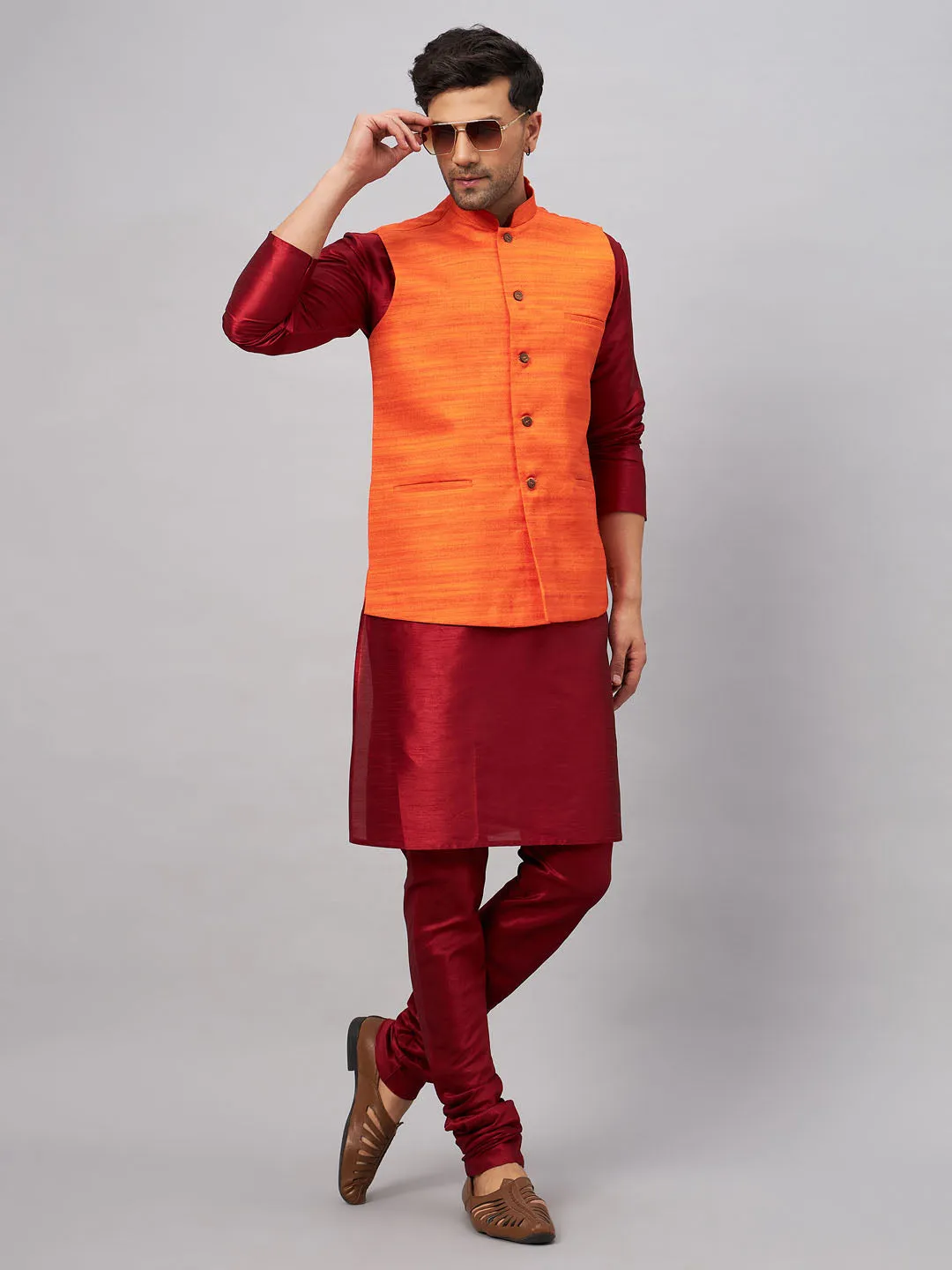 VASTRAMAY Men's Orange Silk Nehru Jacket Kurta