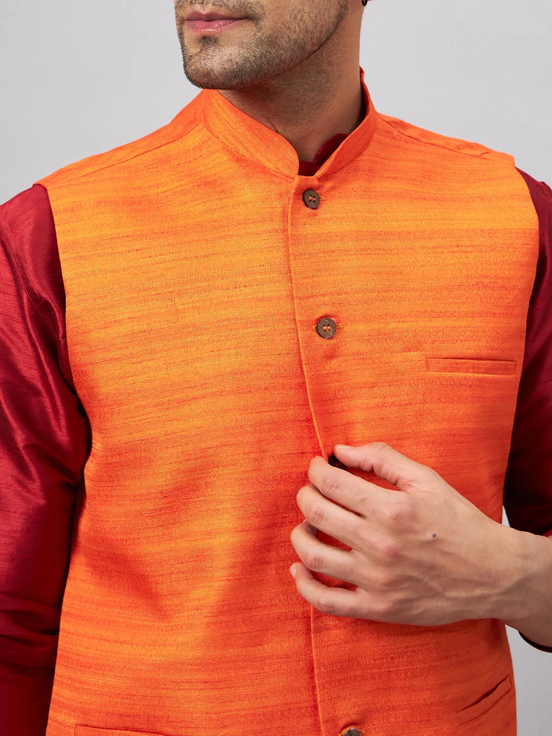 VASTRAMAY Men's Orange Silk Nehru Jacket Kurta