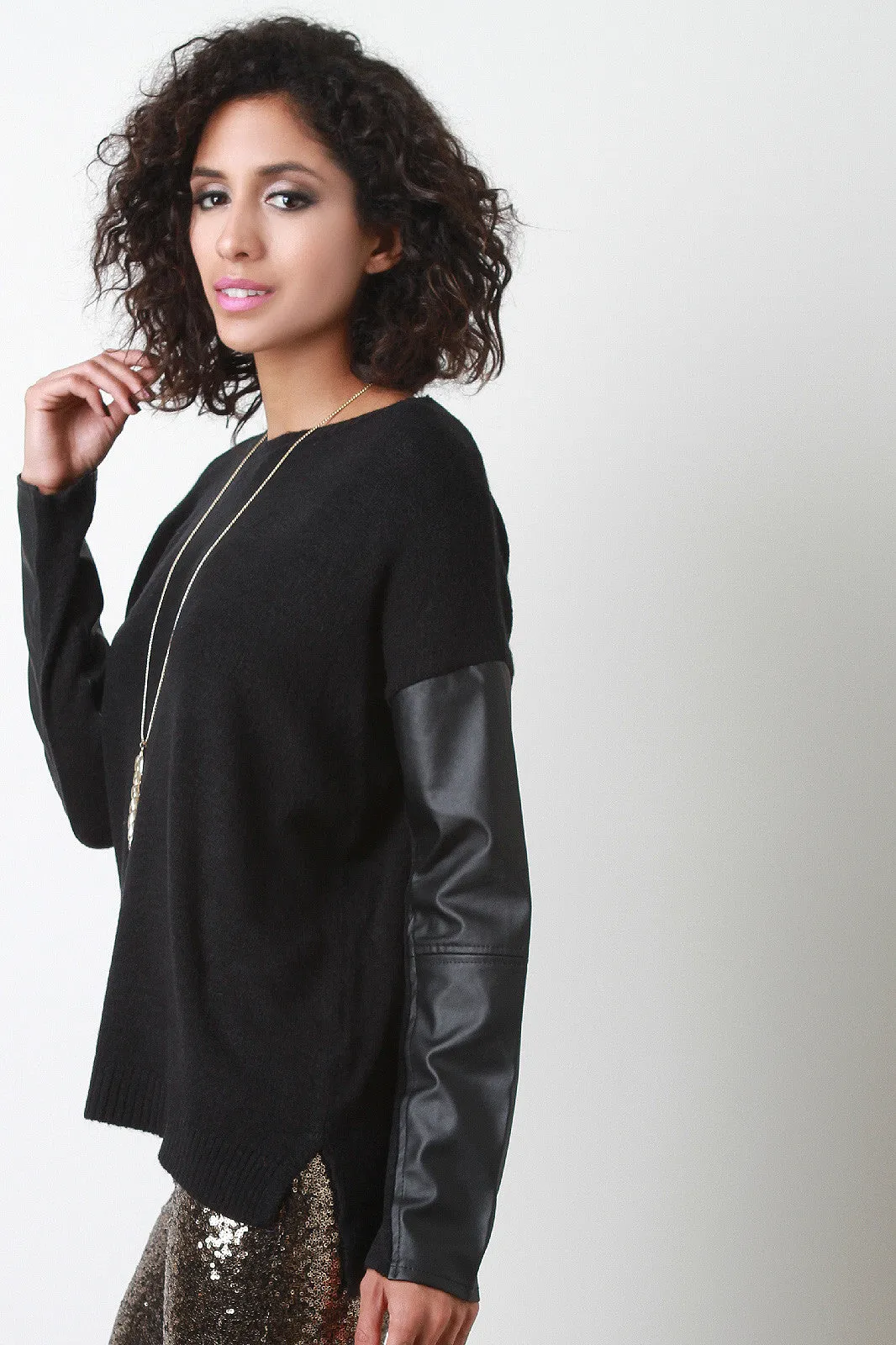 Vegan Leather Sleeves Sweater Top