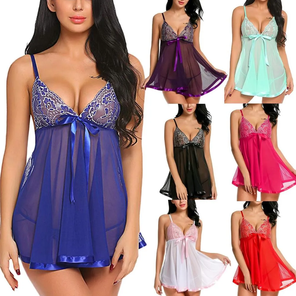 VenusFox Women's Mesh Sexy Lingerie Open Crotch Night Dress Sleepwear Nightgown See Through Sleep Dress