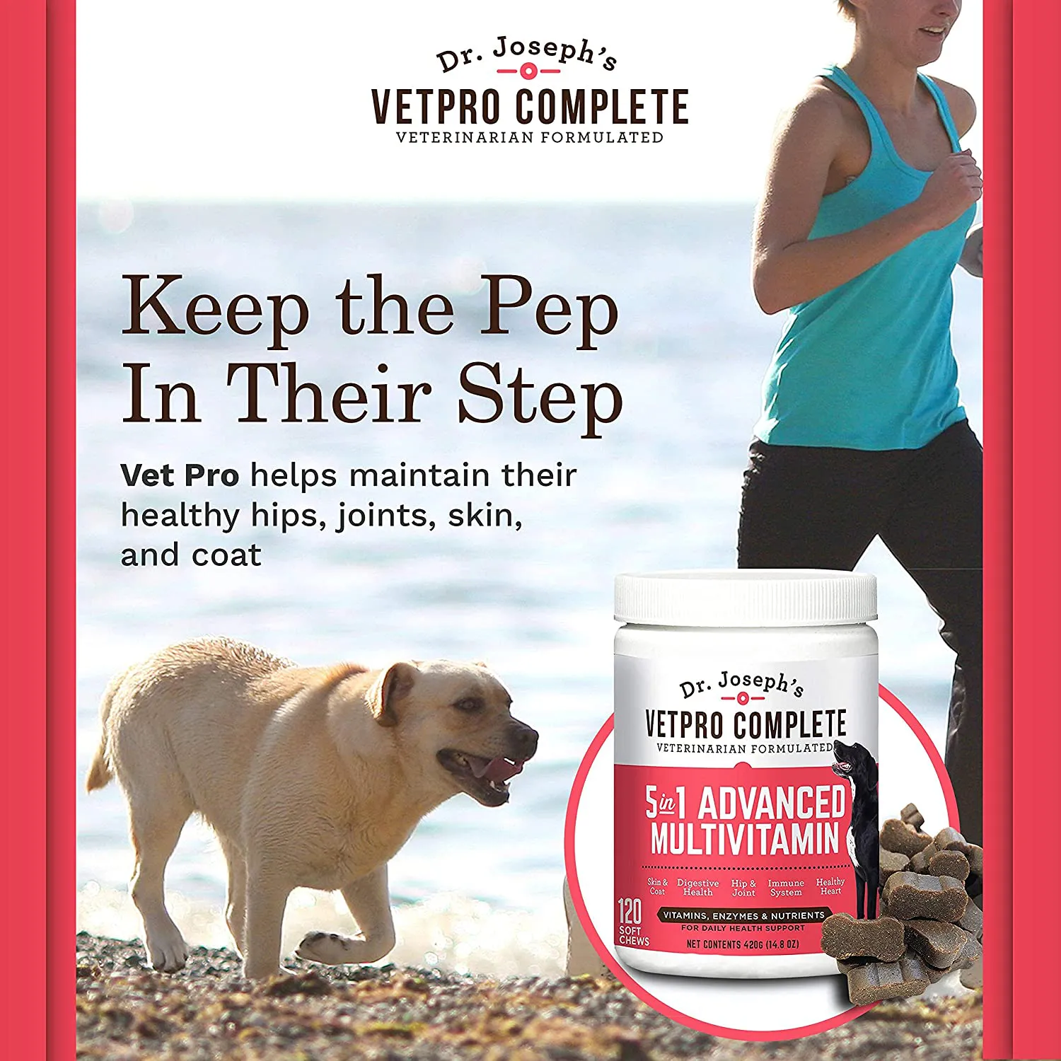 VetPro Dog Vitamins and Supplements - Pet Multivitamins with Probiotics, Glucosamine for Hip and Joint Health, Immune System Support, Allergy Meds - 5 in 1 Chewable Multivitamin for Puppy to Senior