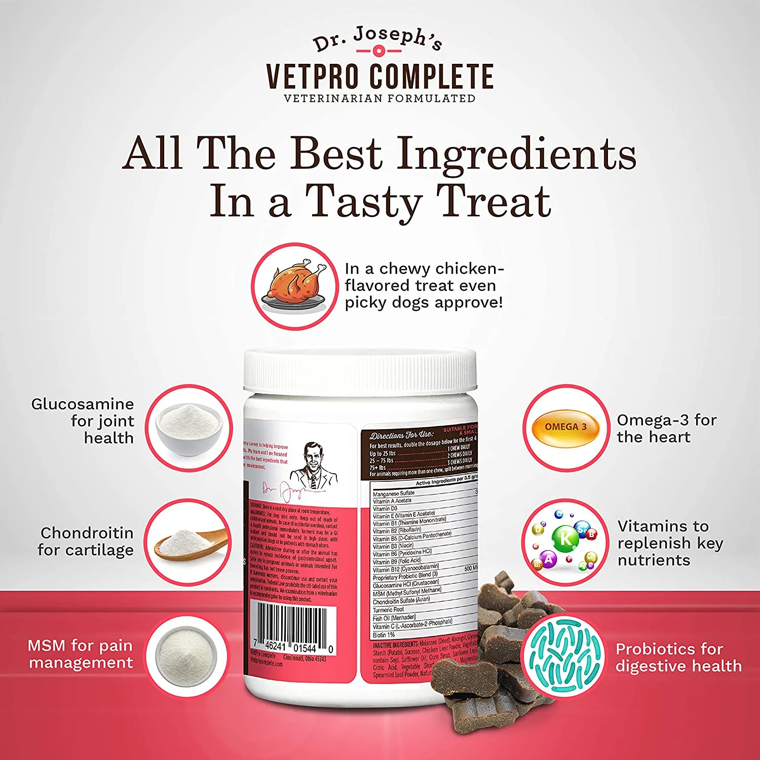 VetPro Dog Vitamins and Supplements - Pet Multivitamins with Probiotics, Glucosamine for Hip and Joint Health, Immune System Support, Allergy Meds - 5 in 1 Chewable Multivitamin for Puppy to Senior