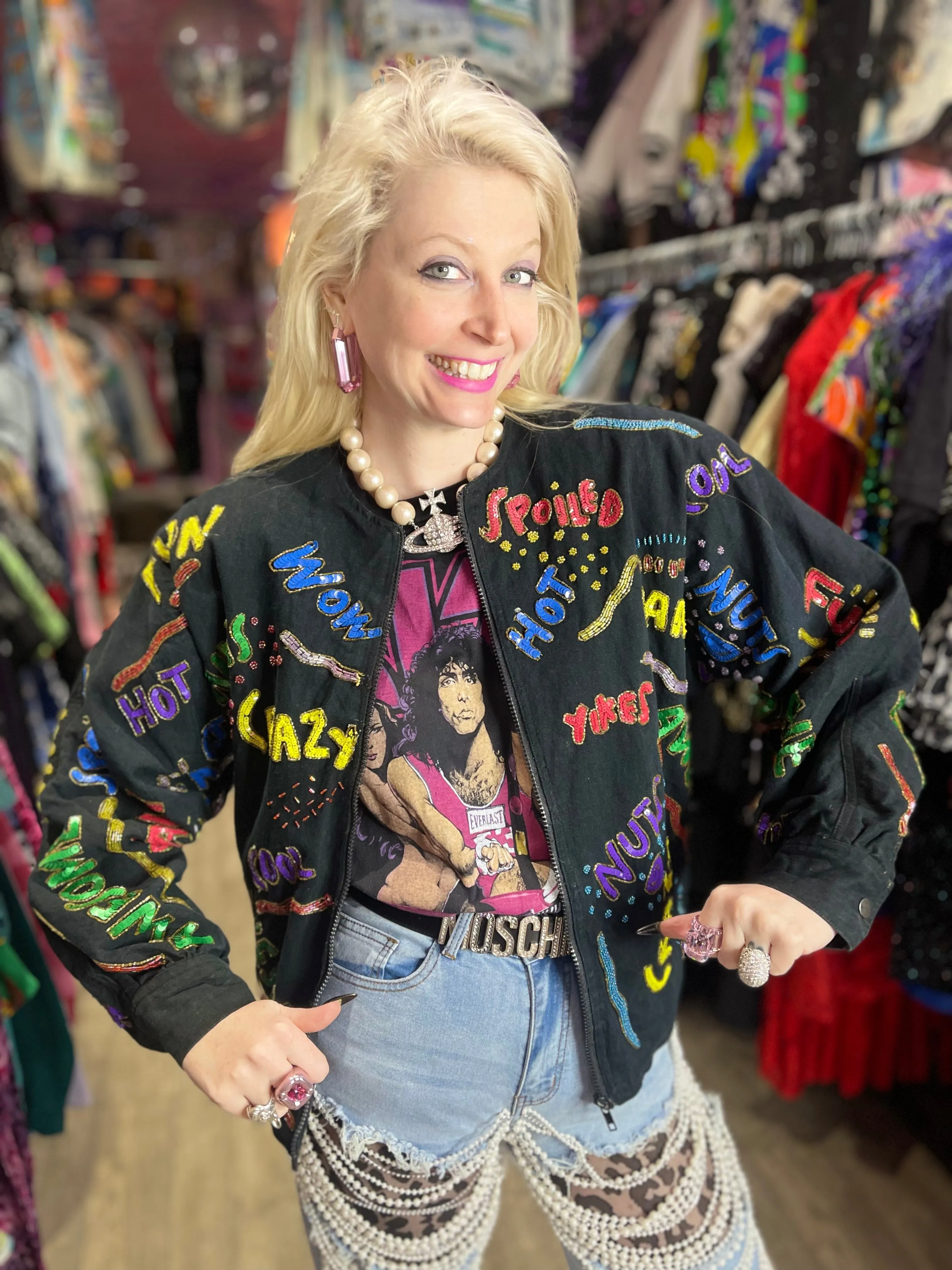 Vintage 90s Sequin Words Bomber Denim Jacket