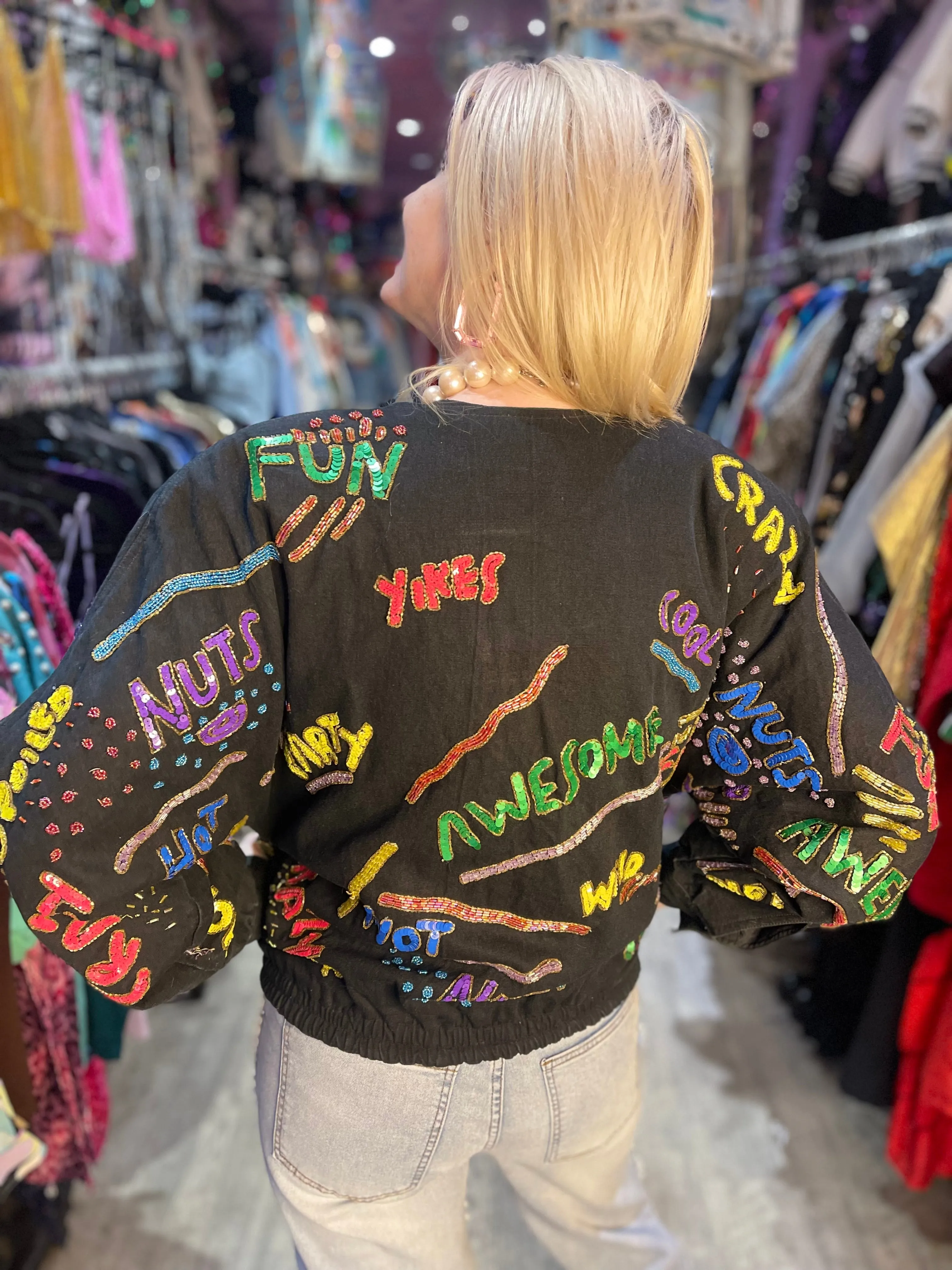 Vintage 90s Sequin Words Bomber Denim Jacket