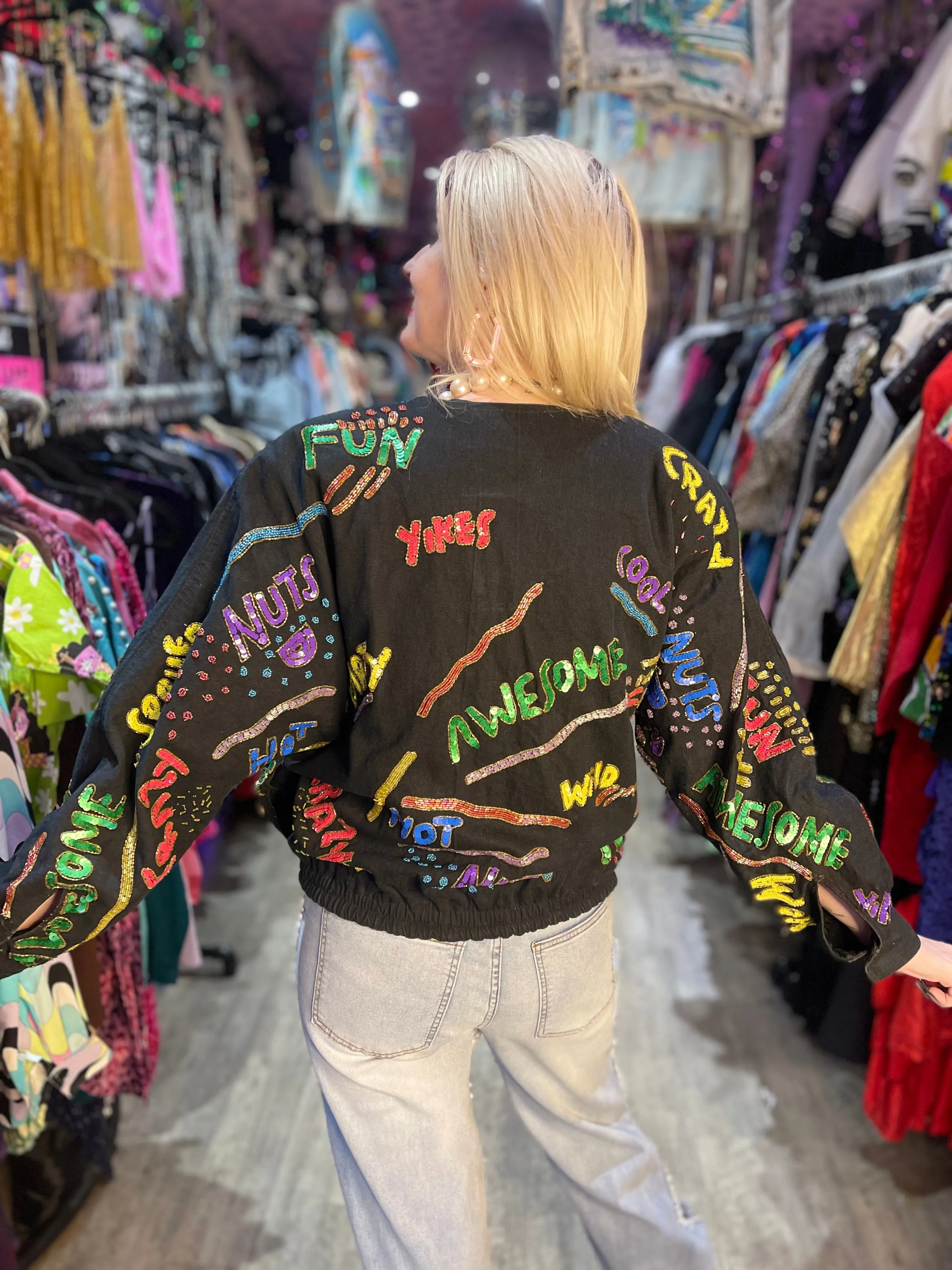 Vintage 90s Sequin Words Bomber Denim Jacket