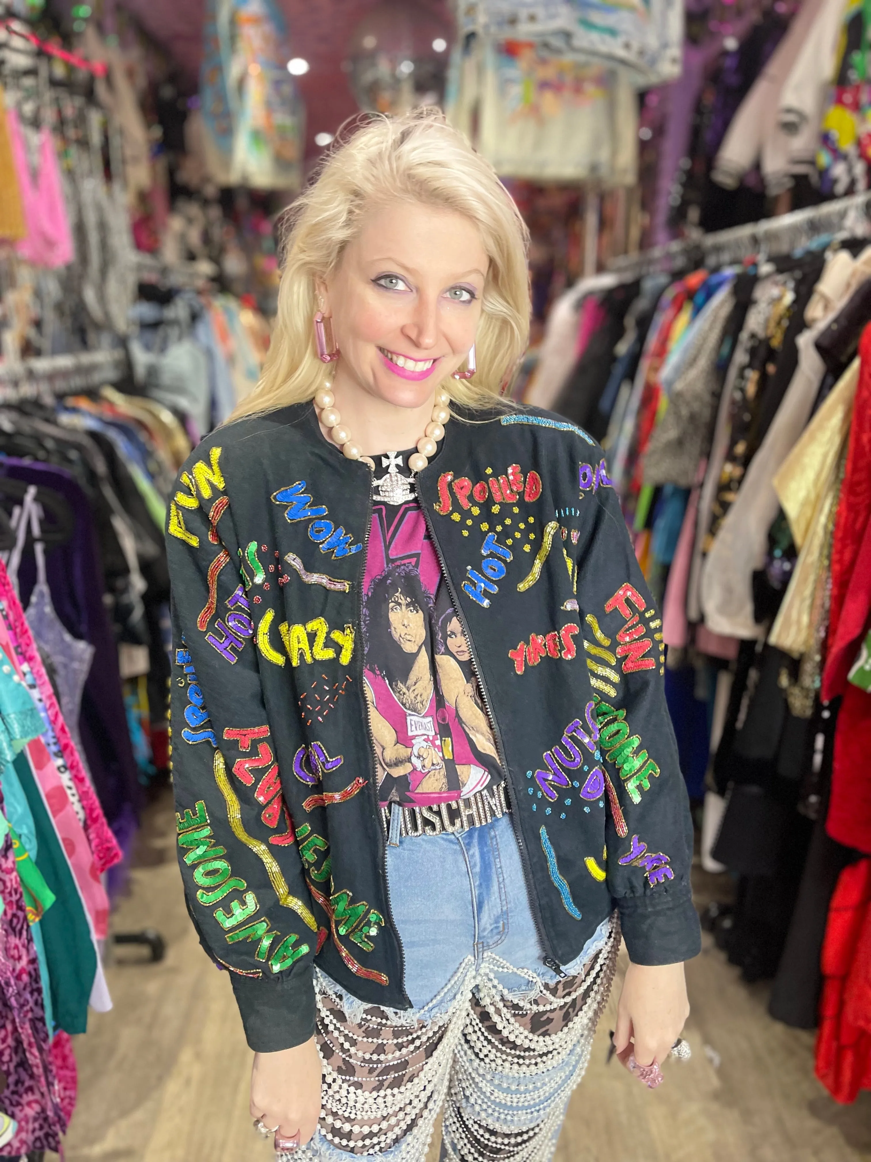 Vintage 90s Sequin Words Bomber Denim Jacket