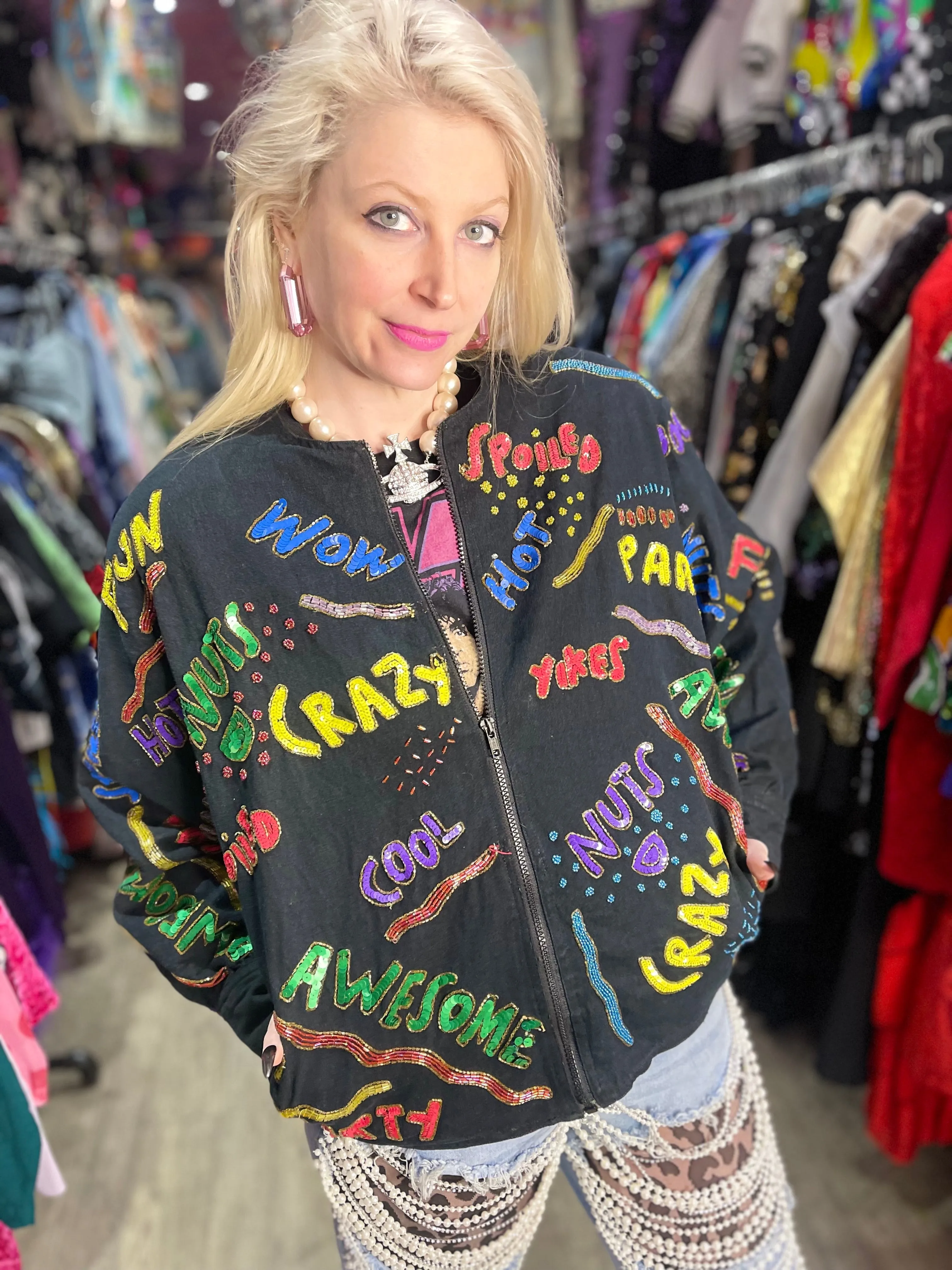 Vintage 90s Sequin Words Bomber Denim Jacket