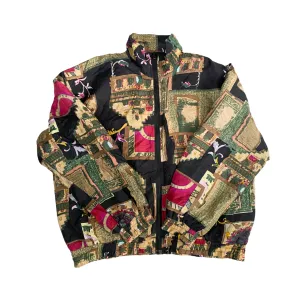 Vintage Silk Bomber Jacket Patterned Green SIZE L