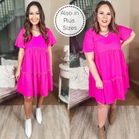 Waiting For Wednesday Short Sleeve Tiered Babydoll Dress in Fuchsia Pink