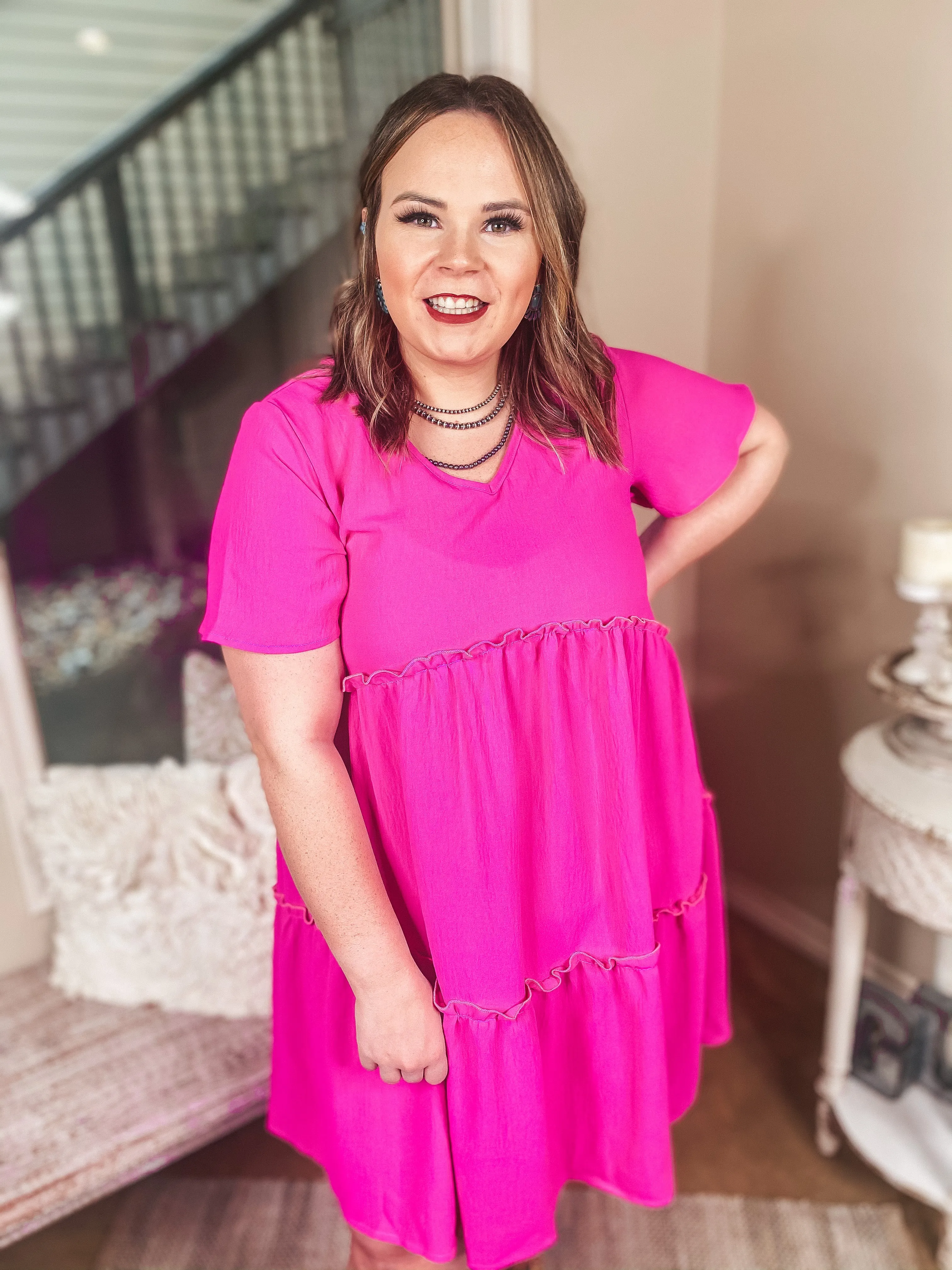 Waiting For Wednesday Short Sleeve Tiered Babydoll Dress in Fuchsia Pink