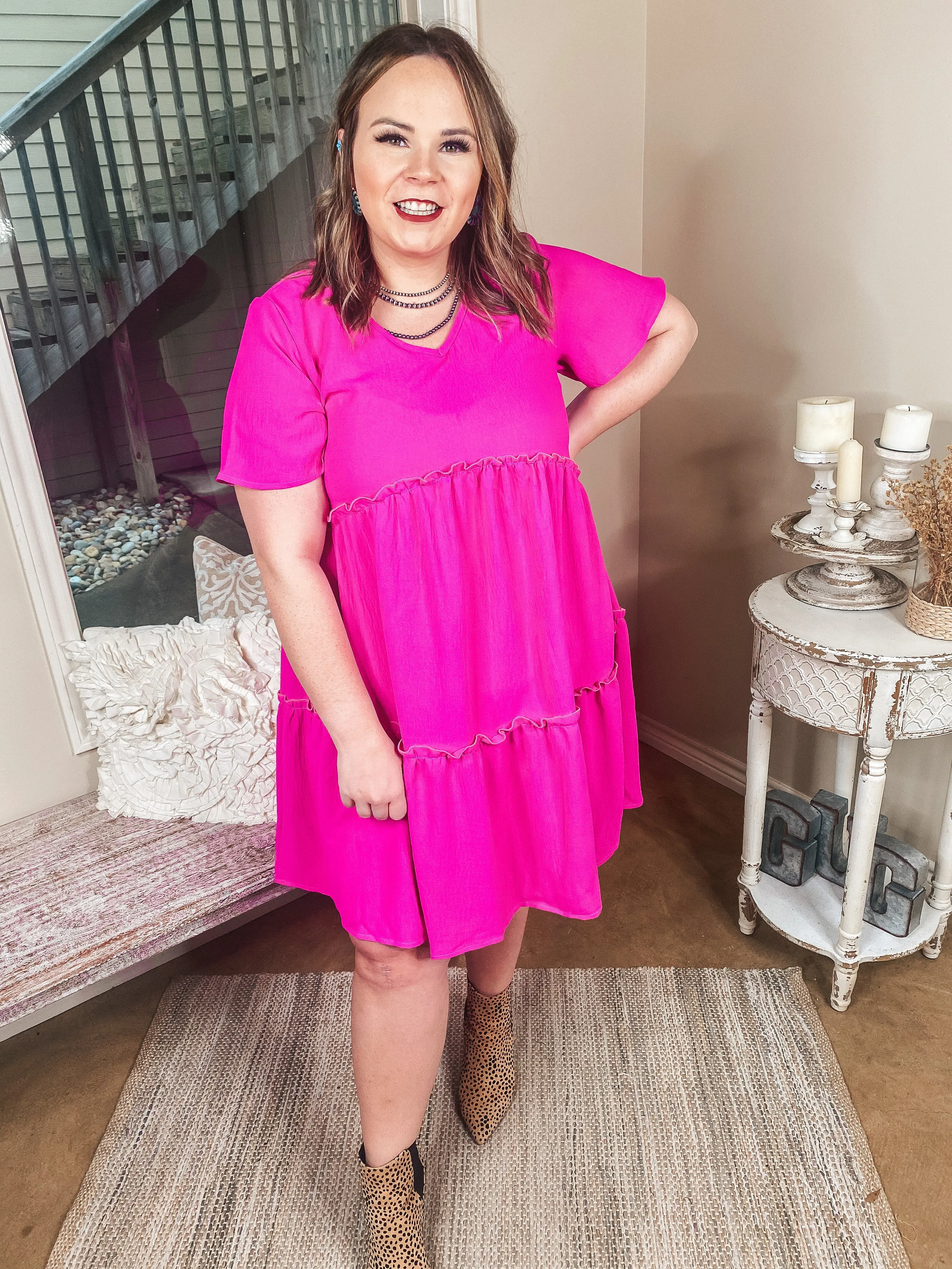 Waiting For Wednesday Short Sleeve Tiered Babydoll Dress in Fuchsia Pink