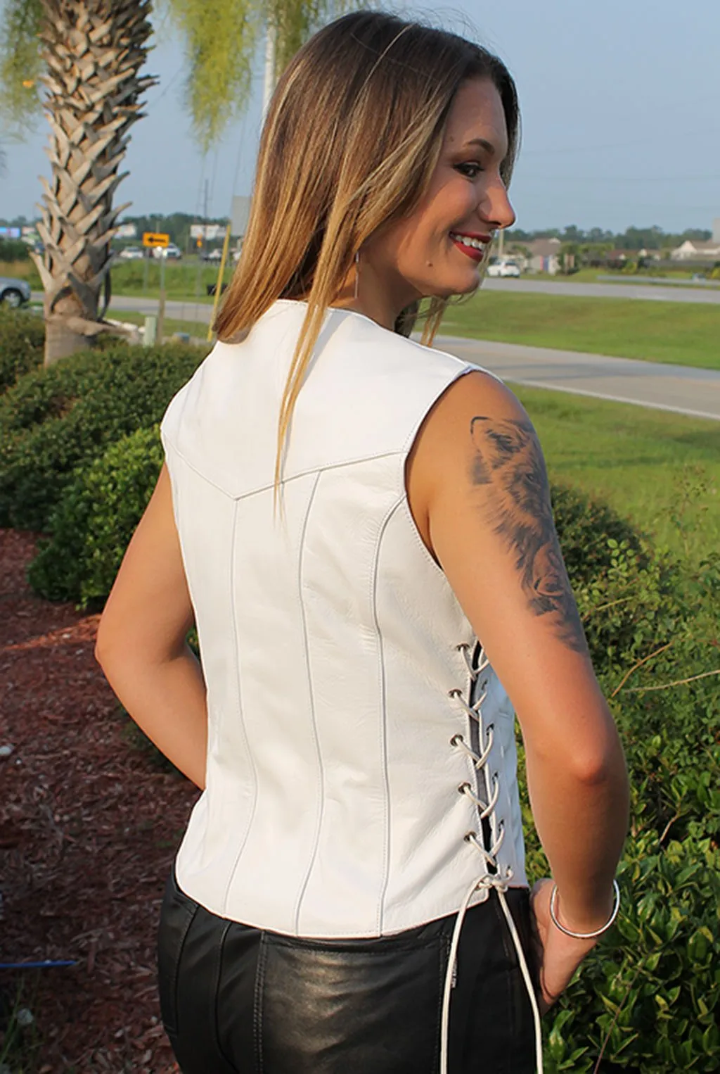 White Long Leather Side Lace Leather Vest #VL2015LW