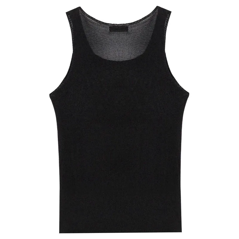 Wiaofellas  -  Summer Casual Breathable Thin Knit Tank Tops Men Sleeveless Crew Neck Solid Color Camisole For Mens Fashion Knitted Bottom Vest