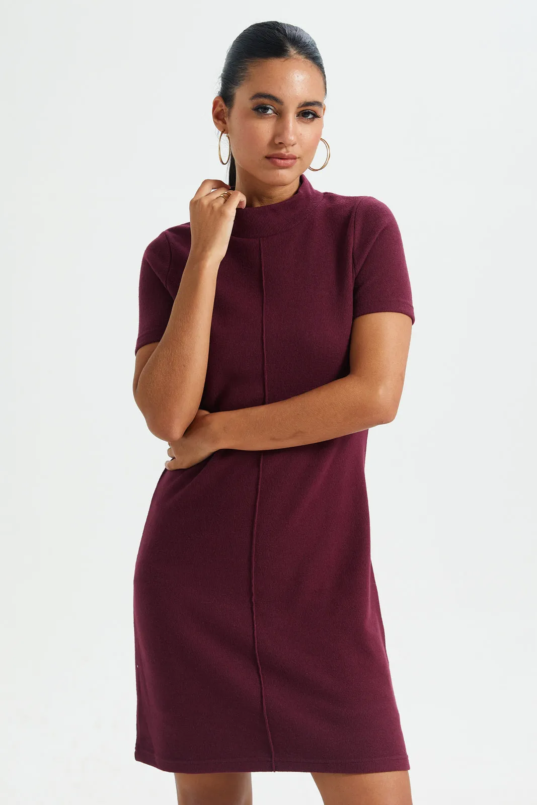 Women Burgundy Knitted Dress