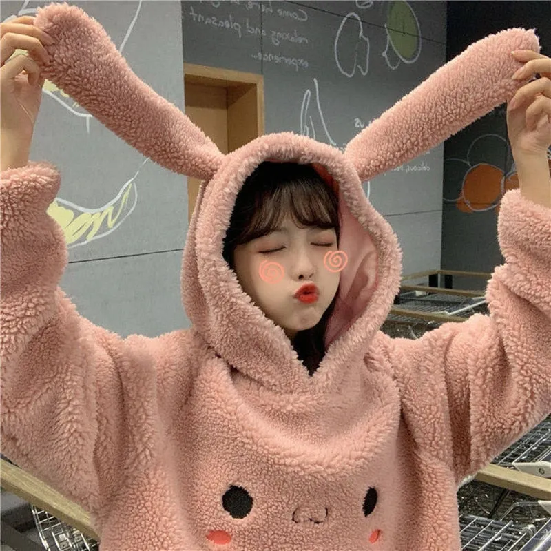 Women Cute Hoodie Student Hoodie Long Sleeve Oversize Sweet Rabbit Warm Coat Kawaii Spring Bunny Ear Girls Sweatshirts